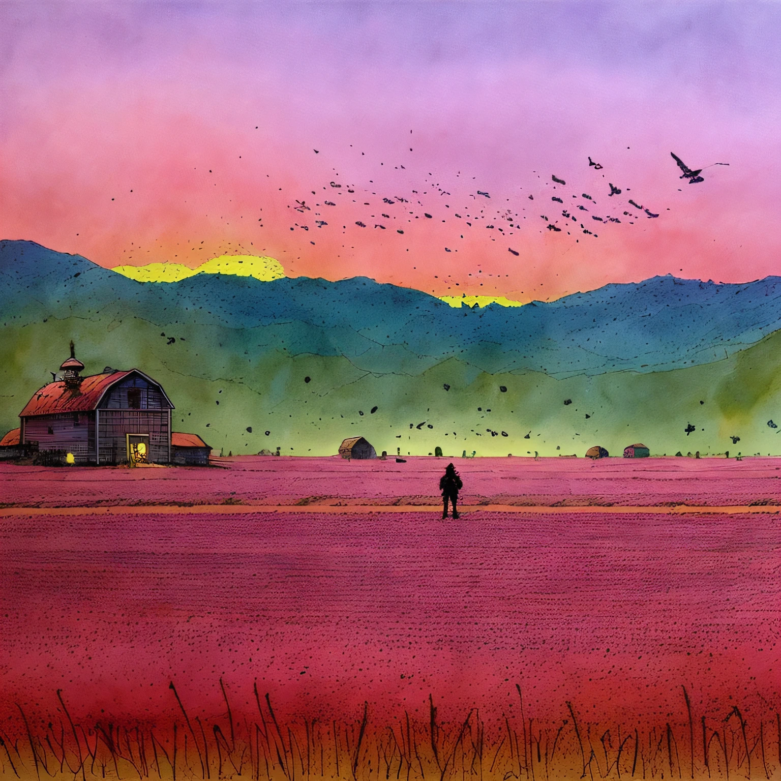 (A beautiful farm), science fiction, complex scene   futuristic, post-apocalyptic
 pink-scene, pink-sky
(  ink sketch by Enki Bilal)((masterpiece, best quality, )),