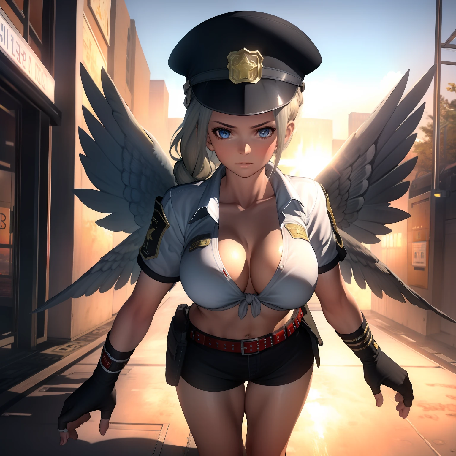 valkyrie, cabelos brancos, lenneth, valkyrie profile, olhos azuis, uniforme policial branco, cyberpunk, Capacete With wings, com duas asas brancas, reaching out to the visualisadorr, in a sky, Sunset, 4k, boa anatomia