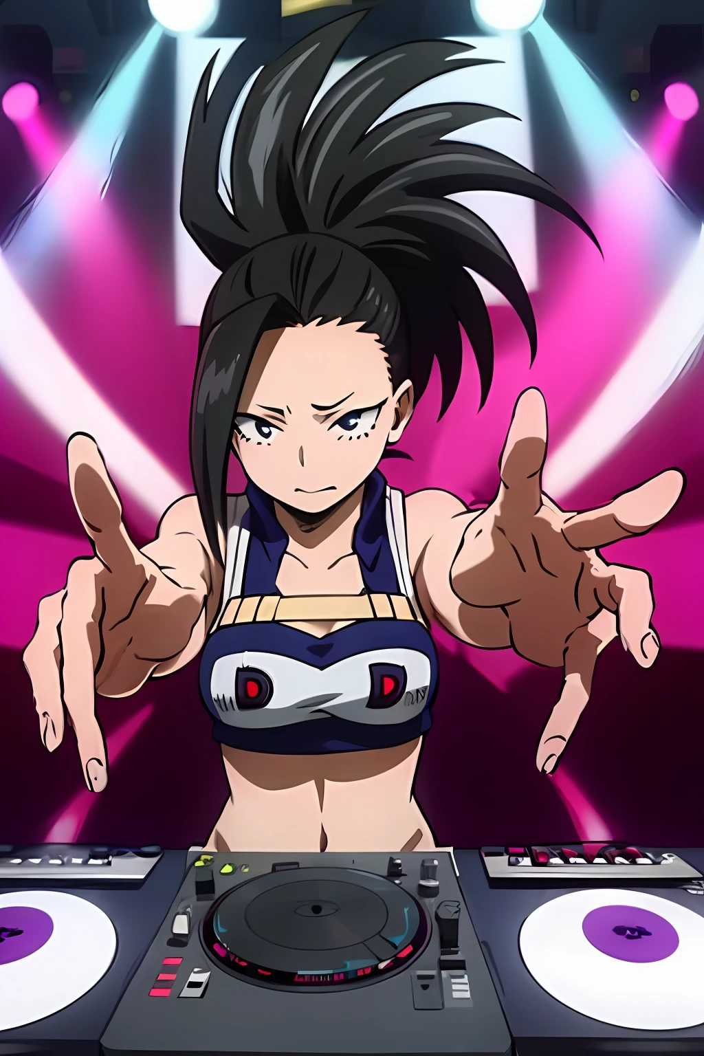 A solo shot featuring yaoyorozu momo  a DJ, showcasing her skills on the turntables at a vibrant rave.