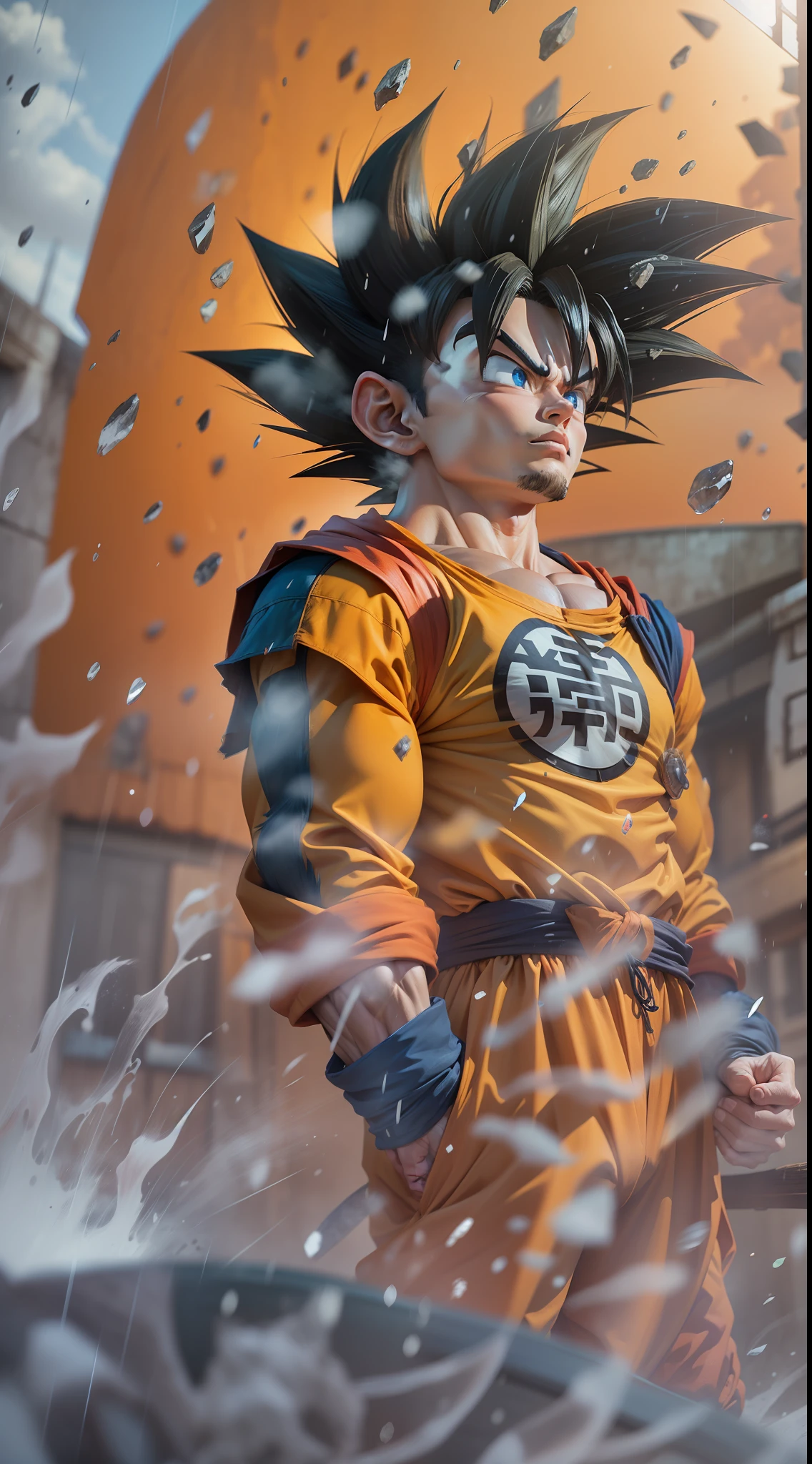 dragon ball super goku and chichi, super strong, muscular, raining, 35mm lens, photography, ultra details, precise texture details HDR, UHD,64K,