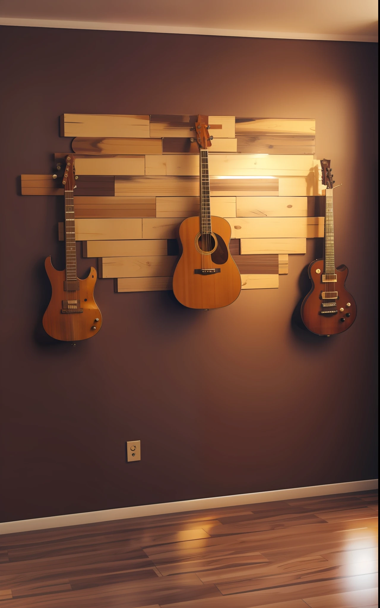 Musical background with musical instruments on the wall, foto detalhado