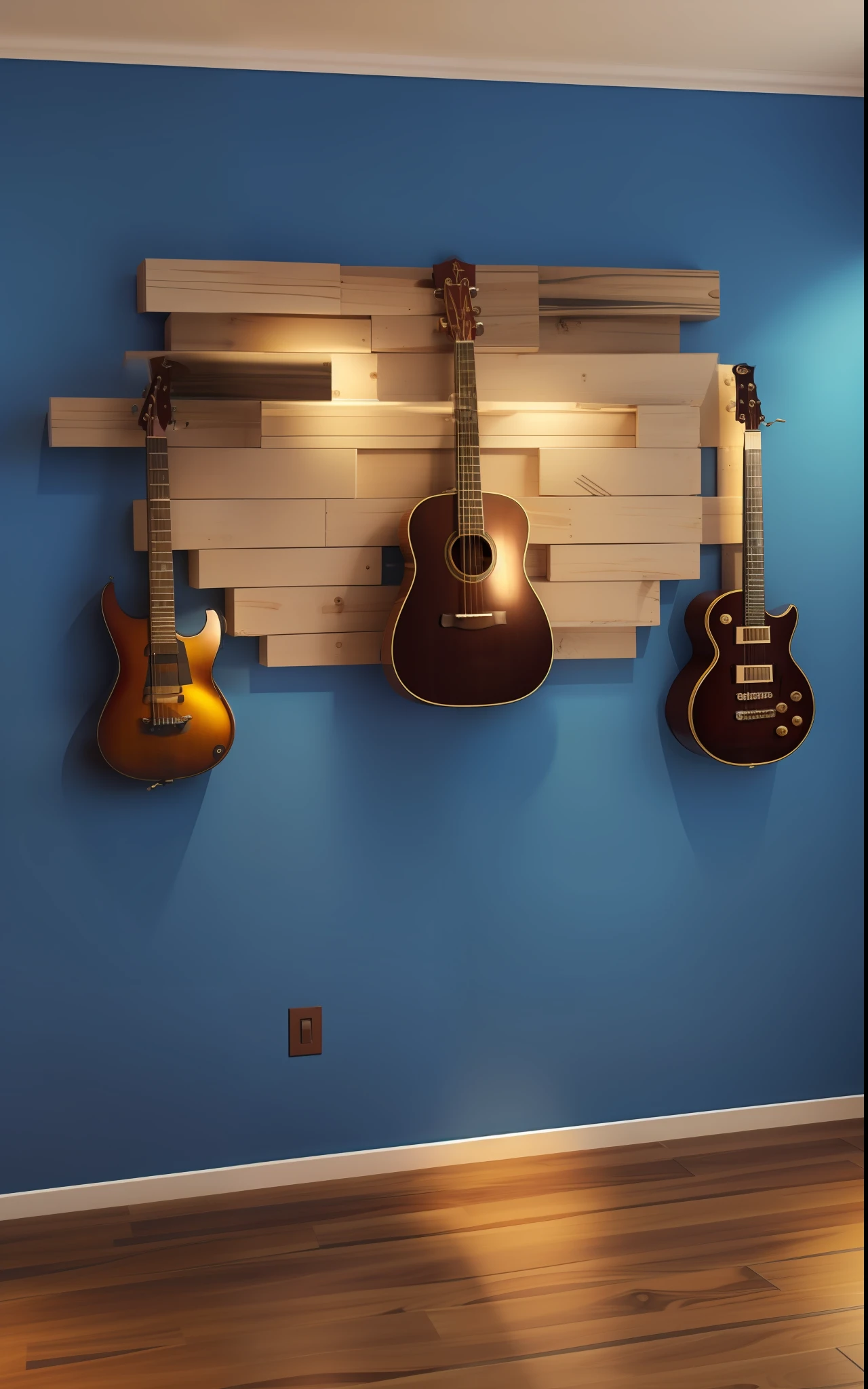 Musical background with musical instruments on the wall, foto detalhado