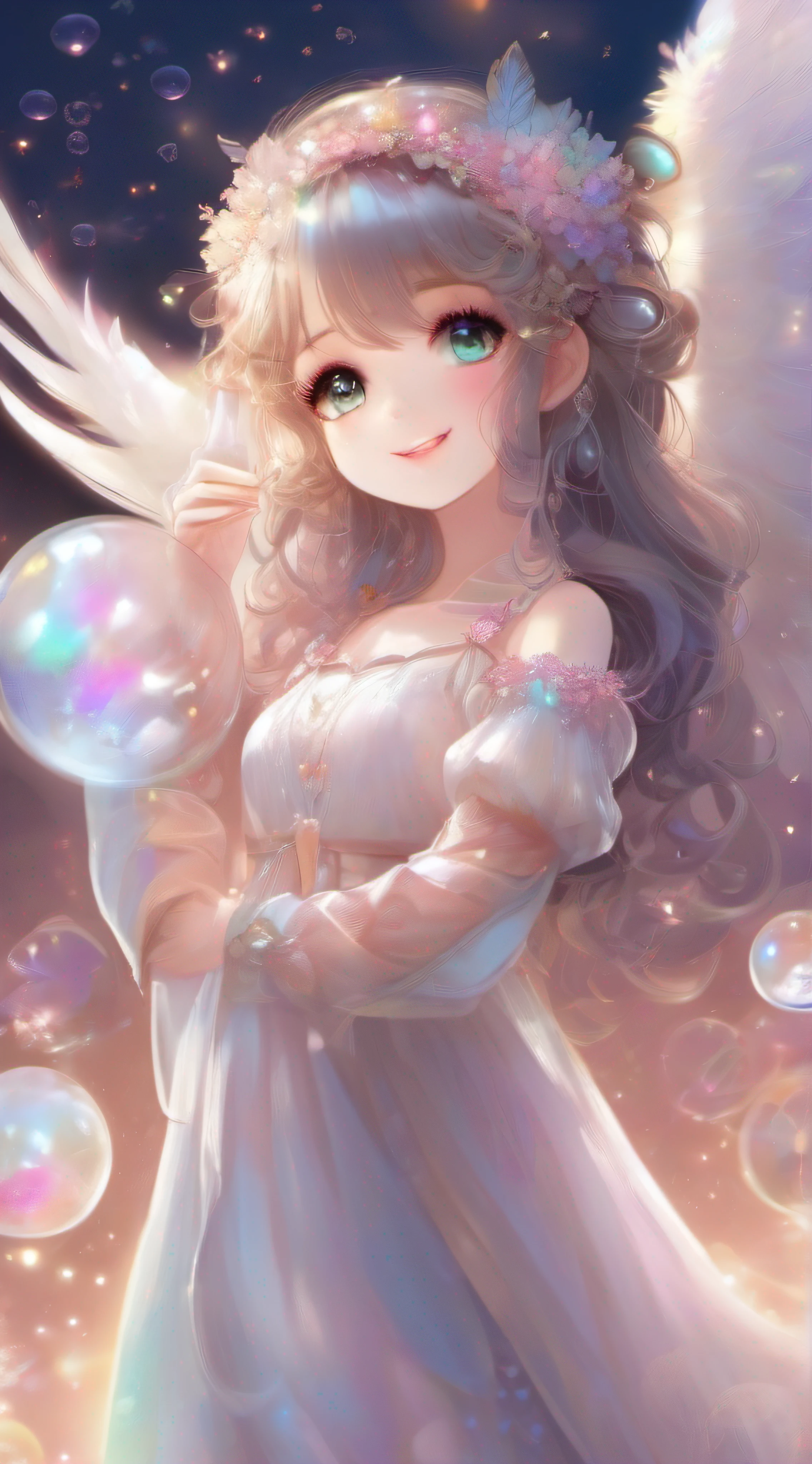 Cute Angel、Cute smile、Rosa、shimmer、beautidful eyes、stele、Happy smile、delight、A delightful、optic、shimmer、glad、kawaii art、Soap bubbles of light