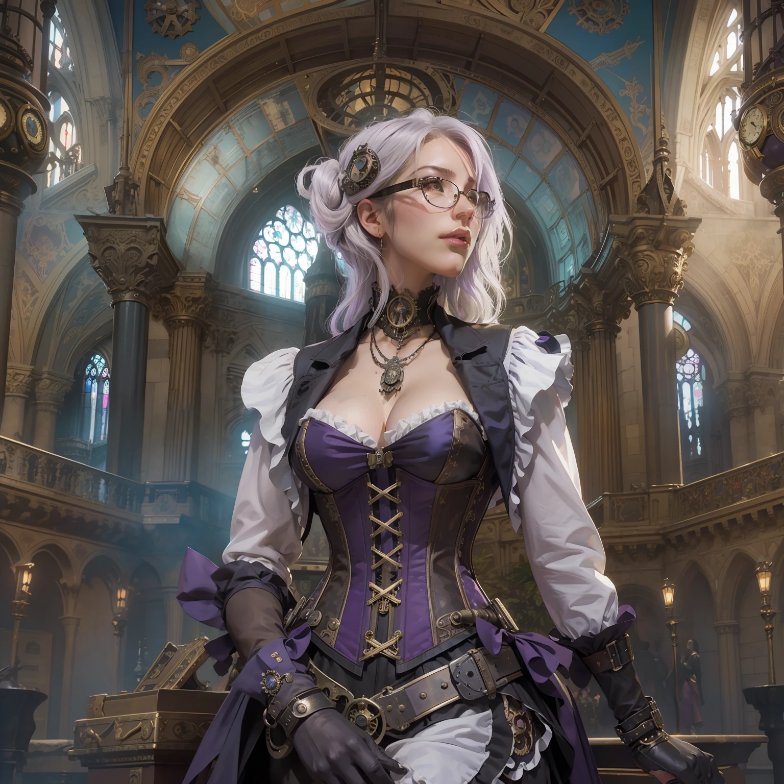 Hyperrealist full shot of steampunk gal by david hockney and alphonse mucha,photoh art, photo realistic, purple corset and stoking, dynamic lighting, artstation, poster, volumetric lighting, very detailed faces, 4 k, award winning, 1girl, gothic cathedral n background, deep shadow,(steampunk clothing:1.4) ,long hair,white hair,