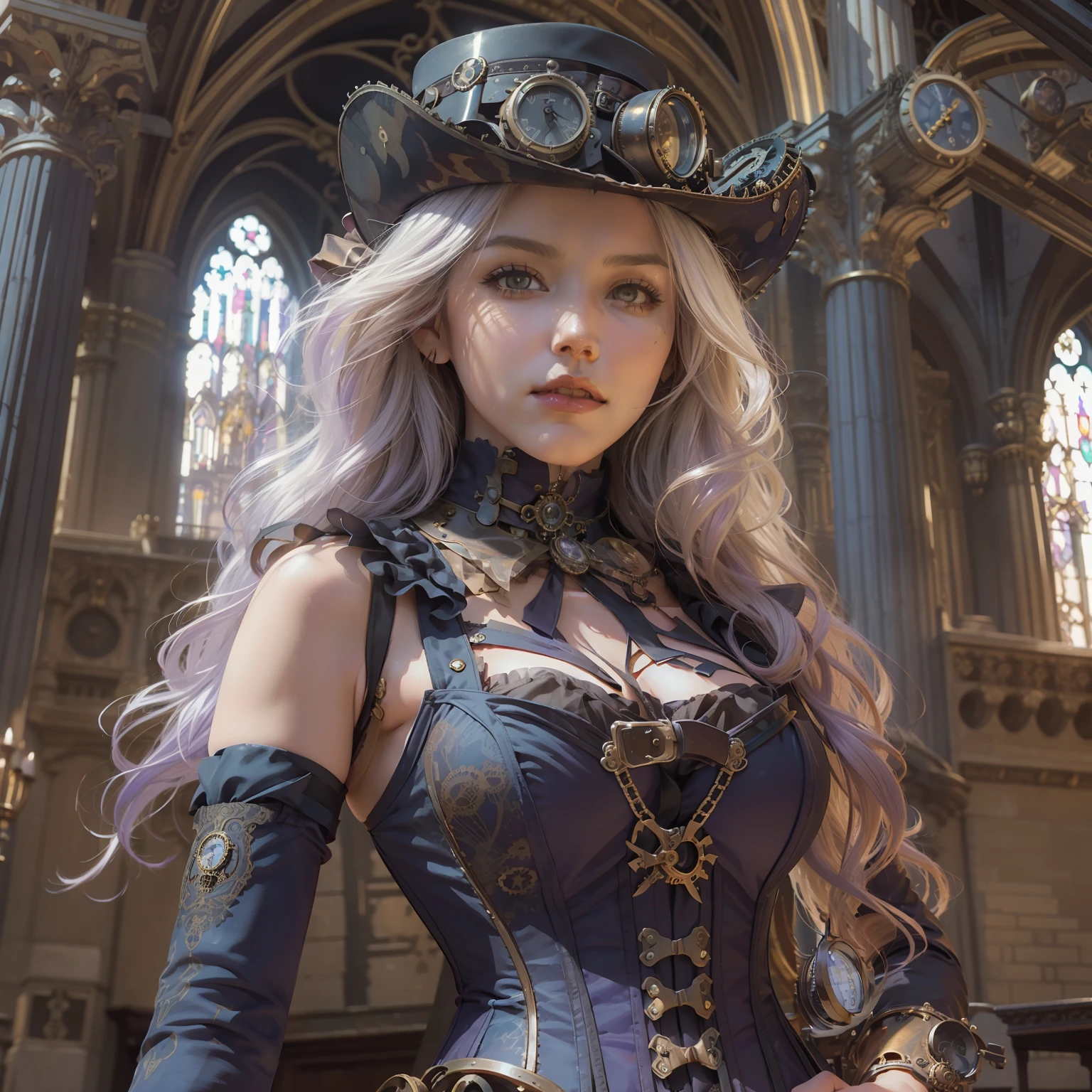 Hyperrealist full shot of steampunk gal by david hockney and alphonse mucha,photoh art, photo realistic, purple corset and stoking, dynamic lighting, artstation, poster, volumetric lighting, very detailed faces, 4 k, award winning, 1girl, gothic cathedral n background, deep shadow,(steampunk clothing:1.4) ,long hair,white hair,