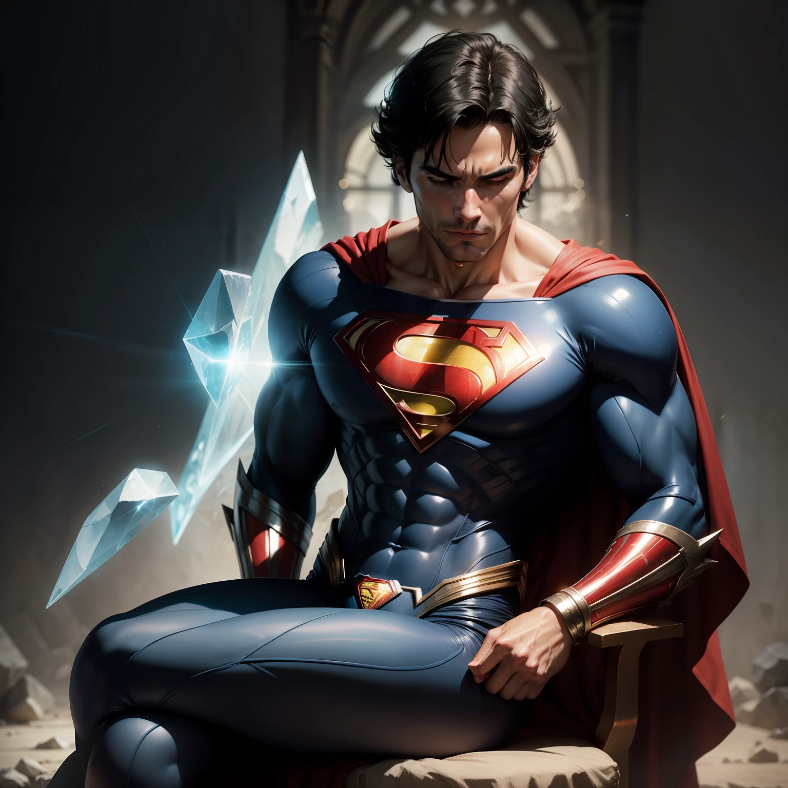 "Imagine Superman in his moment of rest in the Fortress of Solitude. He's wearing his classic blue and red costume., mas sem a capa. His black hair is slightly messy after a day of crime-fighting. He is sitting in an imposing Kryptonian crystal chair, with a serene expression on his face. Ao fundo, os cristais brilham, emitindo uma luz azulada, e hologramas kryptonianos flutuam, Revealing fragments of your home planet's history. Nas paredes, there are ancient inscriptions that tell the story of Krypton and the teachings left by his father, Jor-El. Superman is reflecting on his responsibilities as Earth's protector, recharging his energies before returning to the city for another night of heroism."