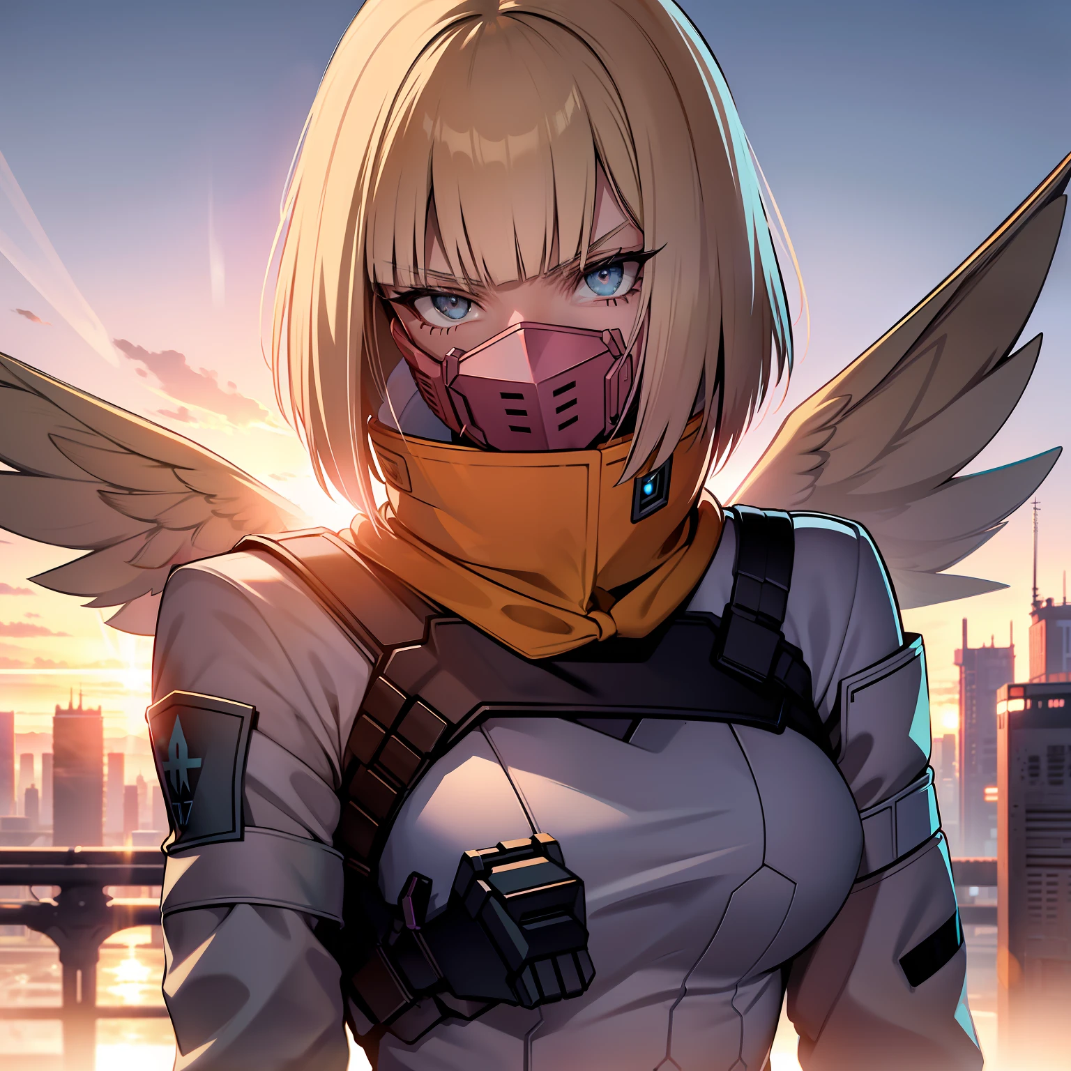 valkyrie, cabelos brancos, lenneth, valkyrie profile, olhos azuis, uniforme policial branco, cyberpunk, Capacete With wings, com duas asas brancas, reaching out to the visualisadorr, in a sky, Sunset, 4k, boa anatomia