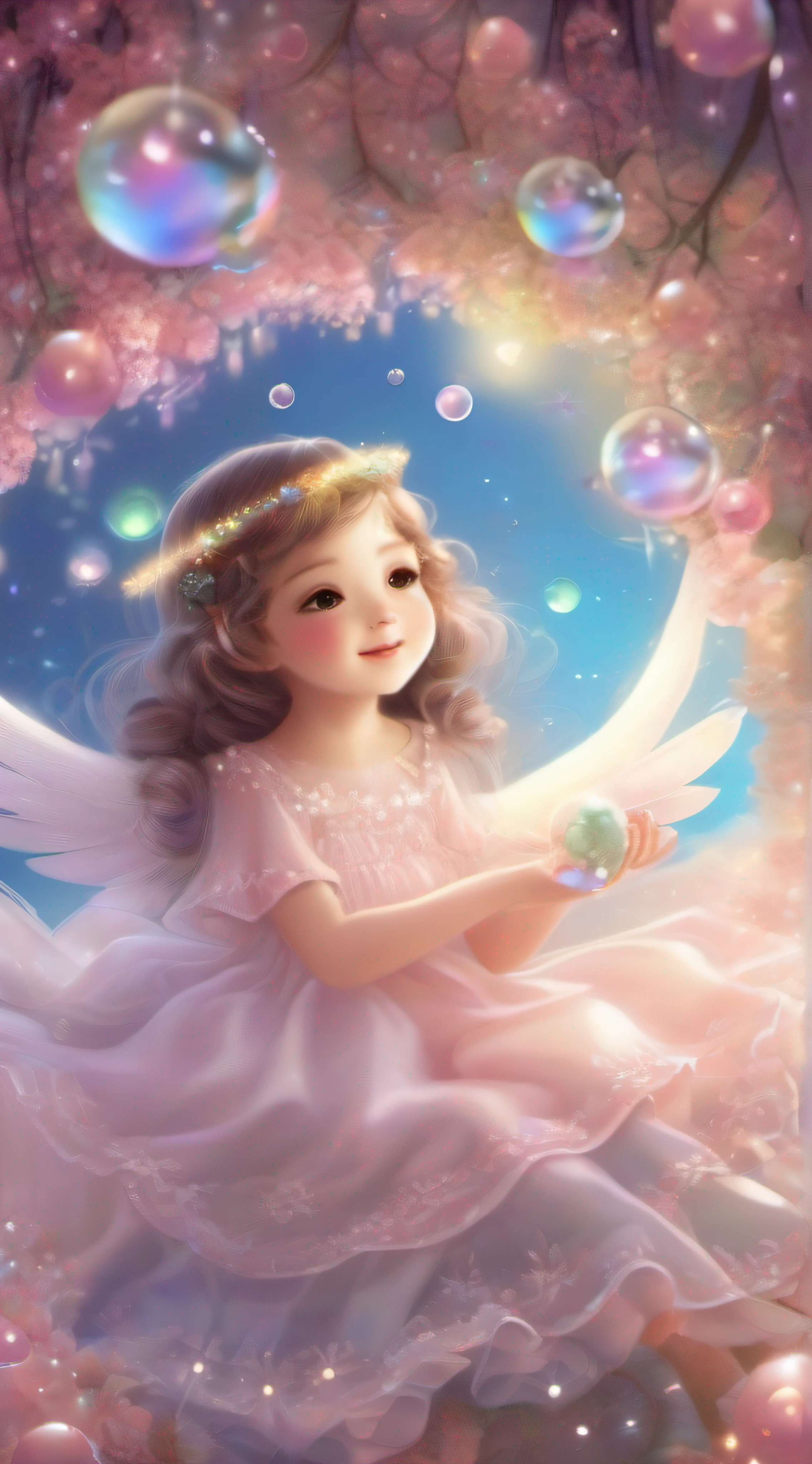 Cute Angel、Cute smile、Rosa、shimmer、beautidful eyes、stele、Happy smile、delight、A delightful、optic、shimmer、glad、kawaii art、Soap bubbles of light floating、fluffly
