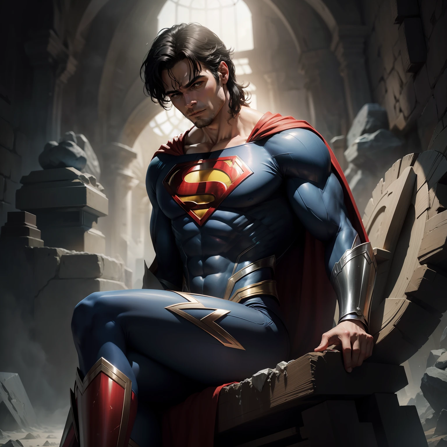 "Imagine Superman in his moment of rest in the Fortress of Solitude. He's wearing his classic blue and red costume., mas sem a capa. His black hair is slightly messy after a day of crime-fighting. He is sitting in an imposing Kryptonian crystal chair, with a serene expression on his face. Ao fundo, os cristais brilham, emitindo uma luz azulada, e hologramas kryptonianos flutuam, Revealing fragments of your home planet's history. Nas paredes, there are ancient inscriptions that tell the story of Krypton and the teachings left by his father, Jor-El. Superman is reflecting on his responsibilities as Earth's protector, recharging his energies before returning to the city for another night of heroism."