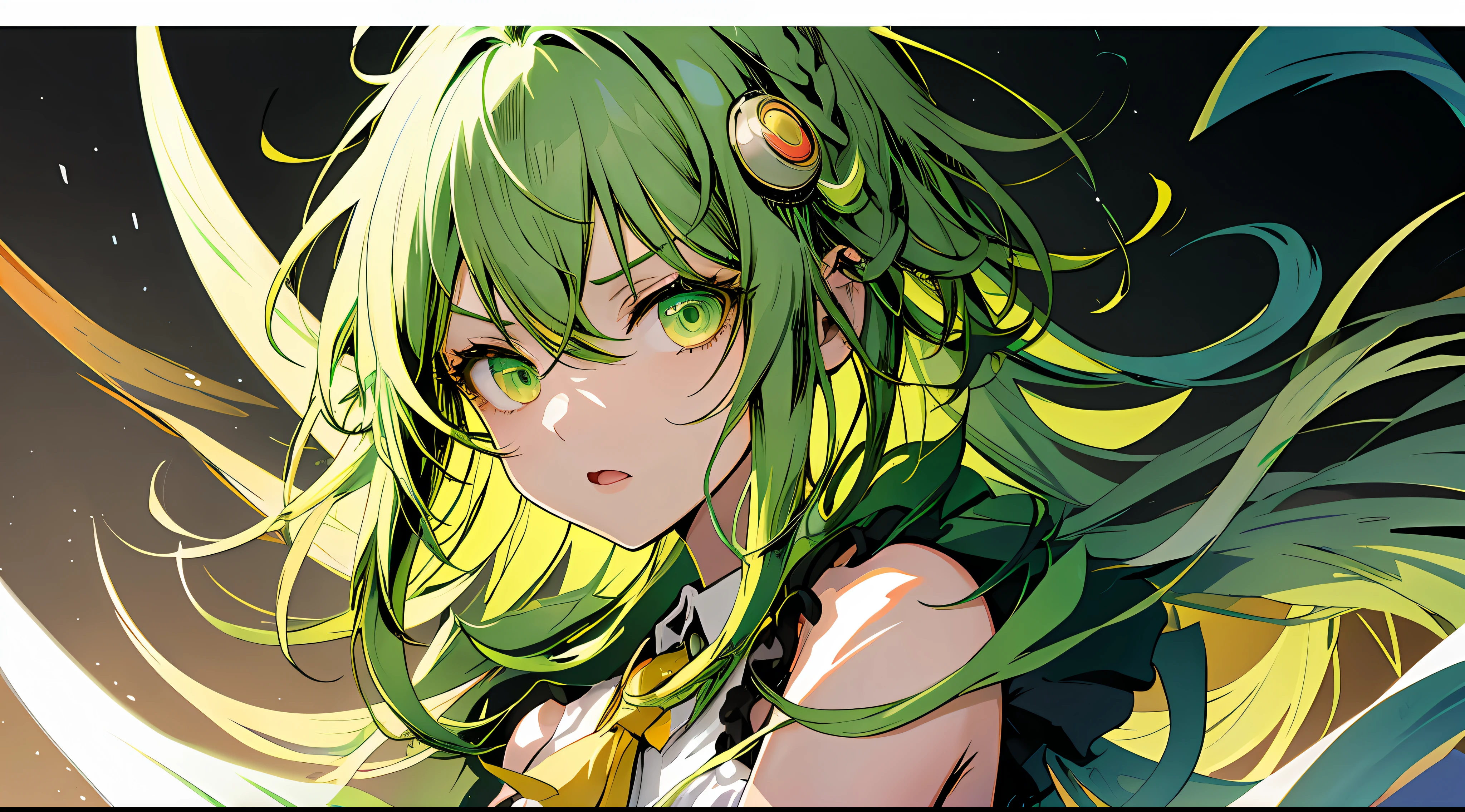 1girl in, Upper body, light green hair, Gumi,Dark look,Serious