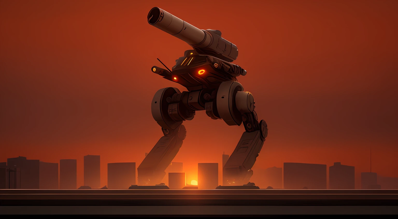 a close up of a robot with a gun on a city background, metal gear mech, tank with legs, mech body, mech robot, mech shaped like a manatee, mech, giant mech, giant robot mech, war robot, giant mecha robot, mech robot futuristic, full body mech, mega humanoid mech, sci-fi mech, mech concept art, high detailed photography masterpiece, sunset, cinematic lighting, dramatic, realistic textures