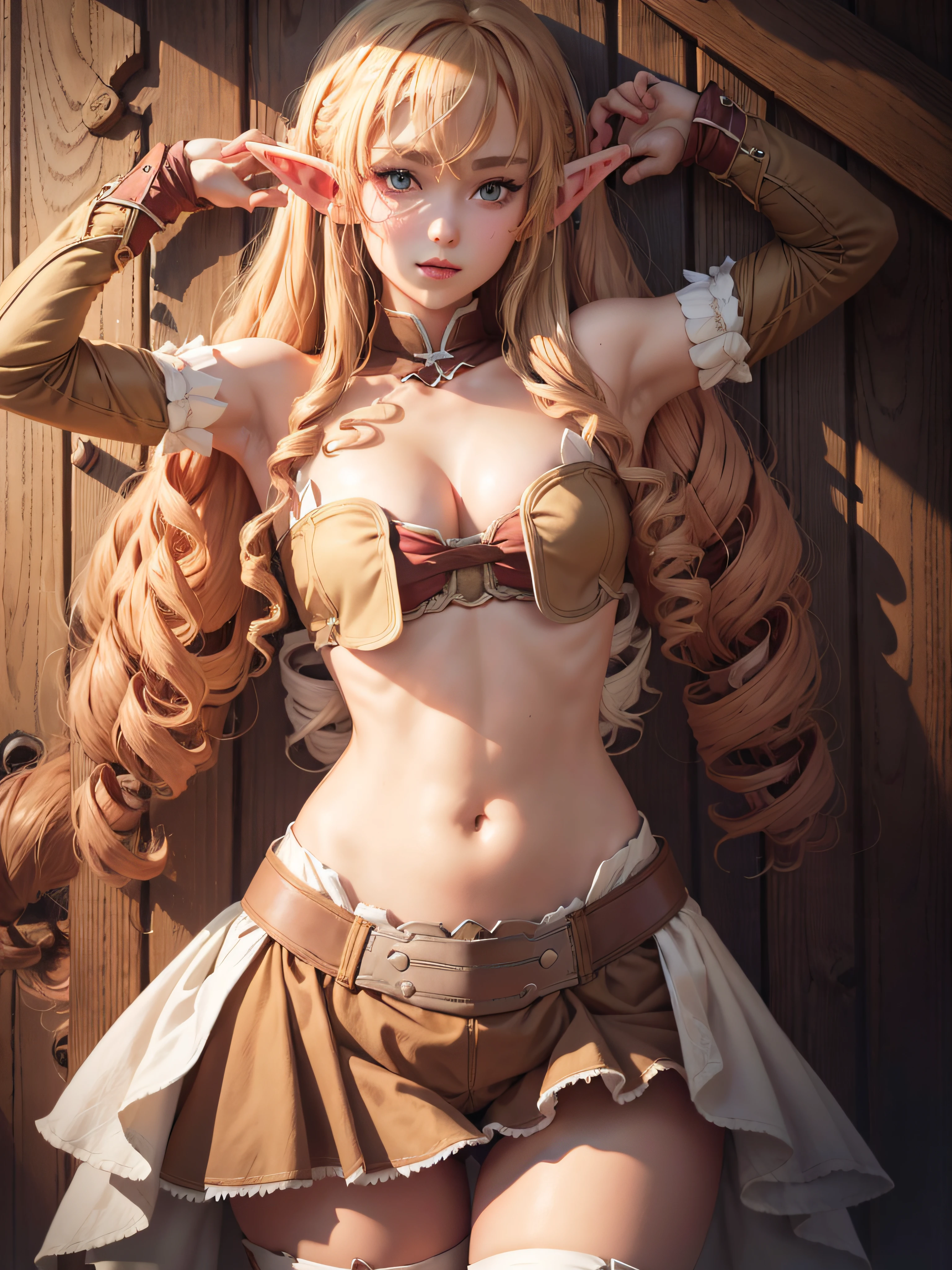 Elinalise, 1girl, solo, long_hair, elf ear, cleavage, adorable pose, perfect hands, perfect fingers, midriff, medium_breasts, collarbone, long_hair, white_skirt, brown_belt, red_legwear