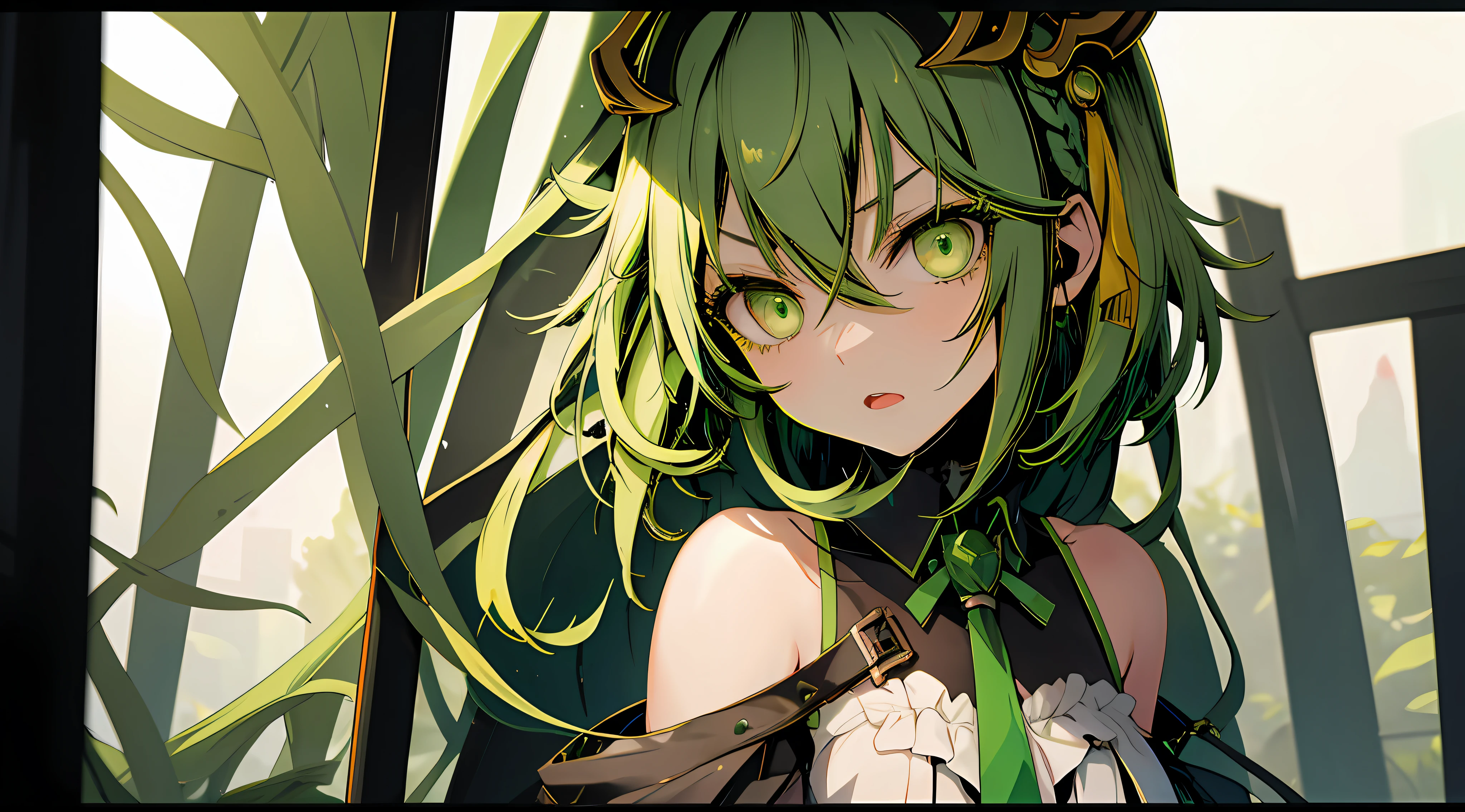 1girl in, Upper body, light green hair, Gumi,Dark look,Serious