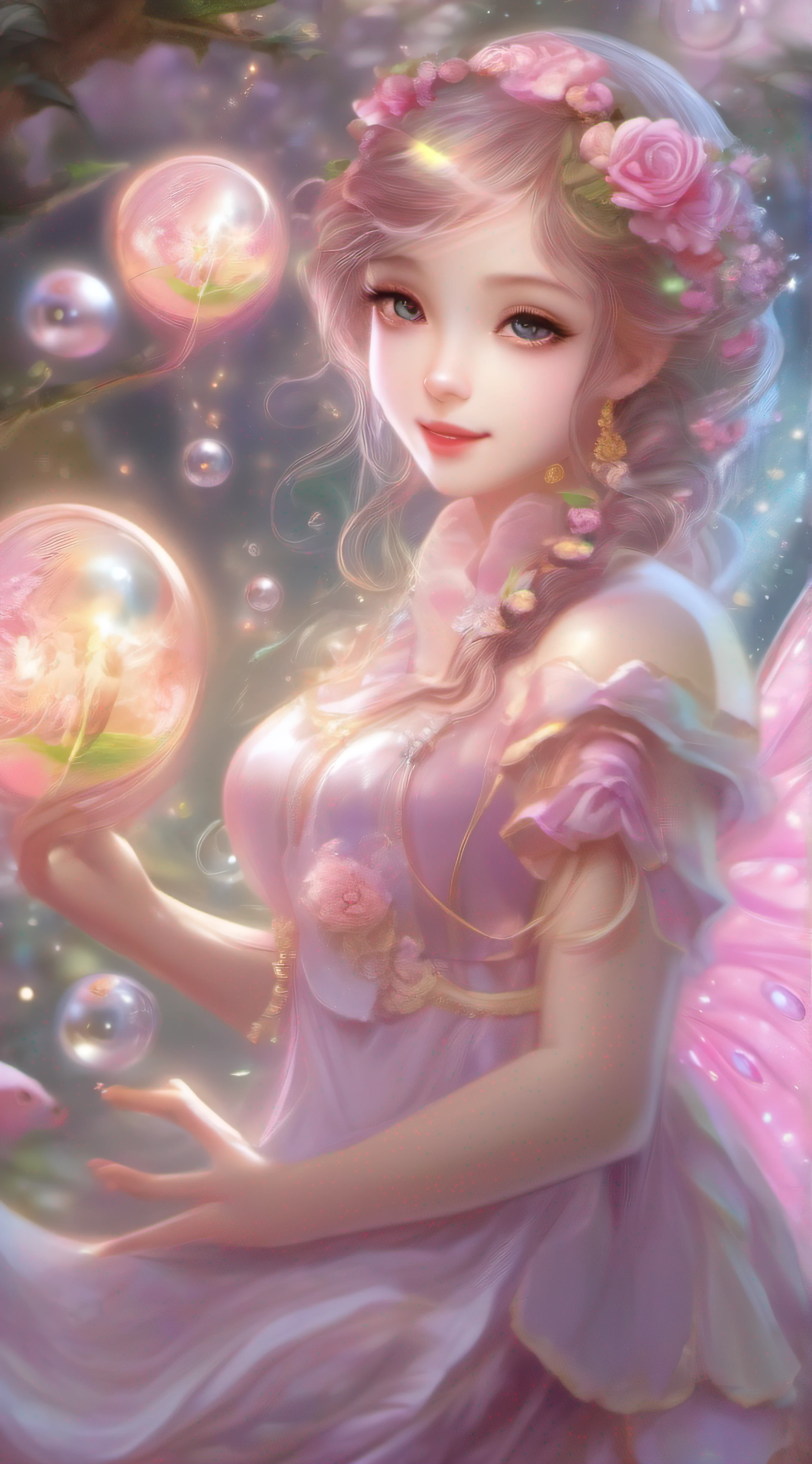 Cute Fairy、Cute smile、Rosa、shimmer、beautidful eyes、stele、Happy smile、delight、A delightful、optic、shimmer、glad、kawaii art、Soap bubbles of light