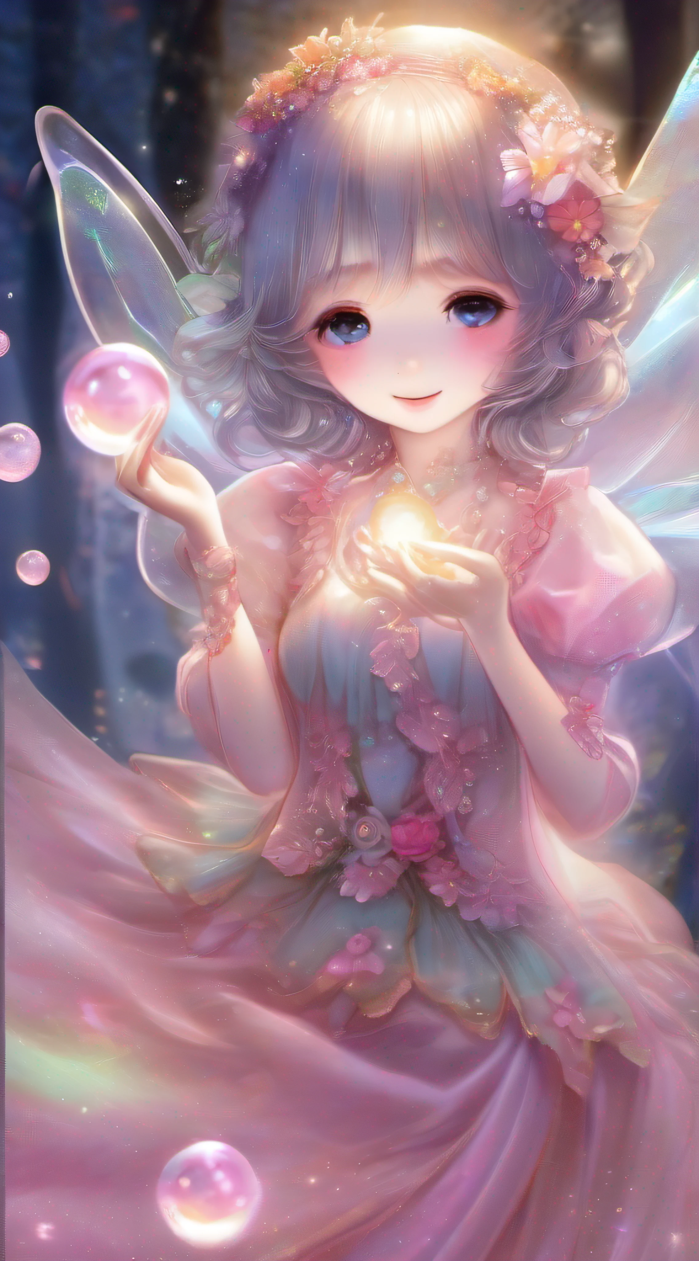 Cute Fairy、Cute smile、Rosa、shimmer、beautidful eyes、stele、Happy smile、delight、A delightful、optic、shimmer、glad、kawaii art、Soap bubbles of light