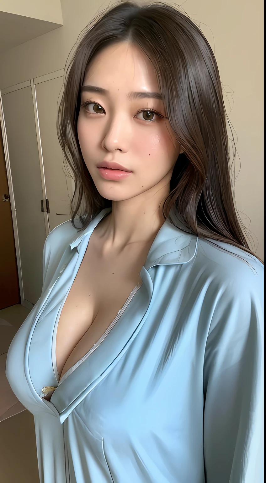 (top-quality、8K、32K、masterpiece、nffsw:1.3)、(Attractive Japanese Woman Pictures)、1 girl in、(ultra gigantic tits:1.2)、(dishevled hair)、abdominals、perfect bodies、hyperdetailed face、Detailed lips、finely eye、二重まぶた、s Pajamas、Sleeping on the bed:1.3、(Seductive)、((agitation:1.5))、((areolae slip))、Sweaty 1.1、Wet:1.3、Feel good、eye closed、Upper body only