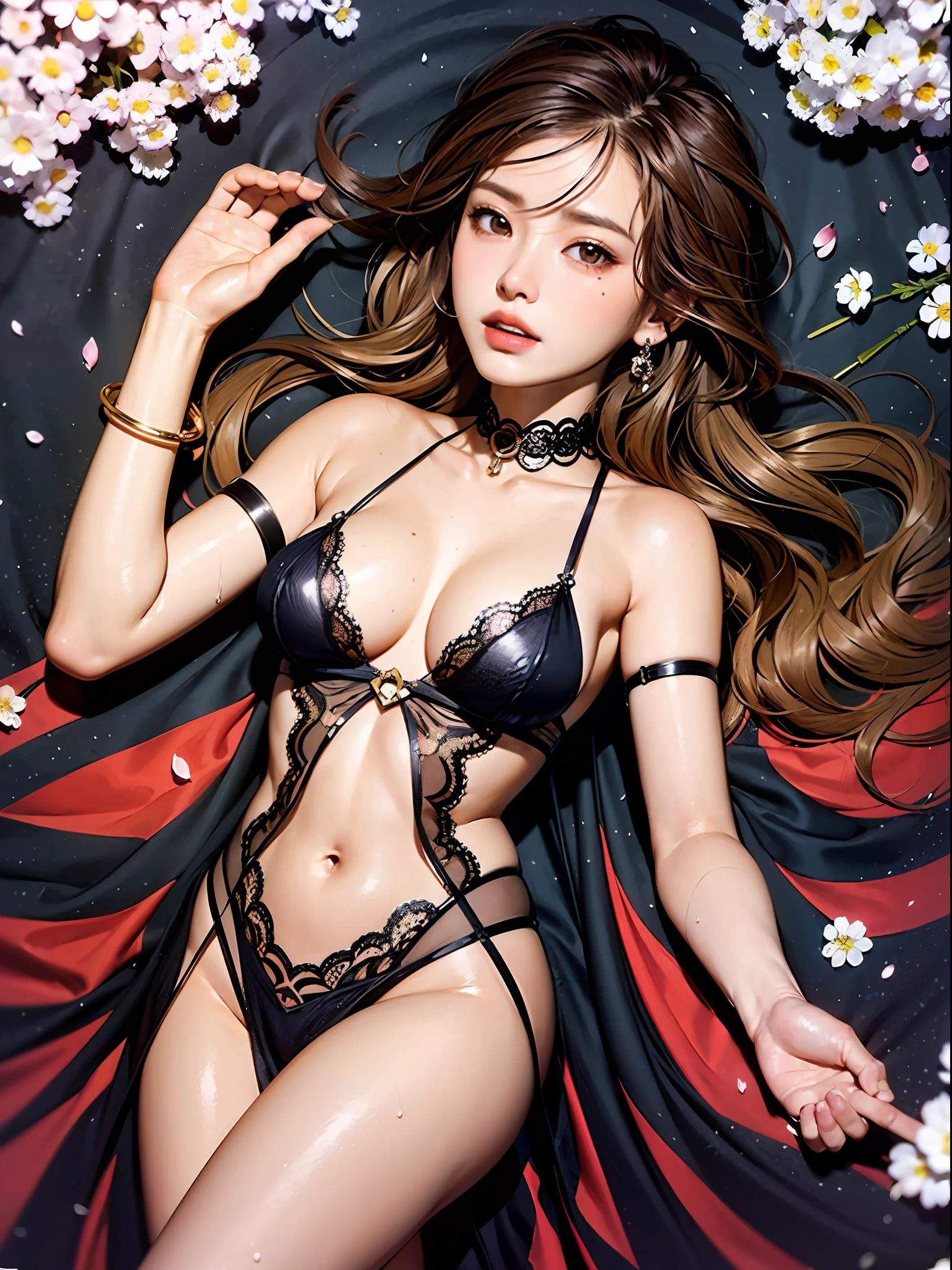 loose outfit、Show shoulders、Dark Color String Dress、How to wear a black gown、Decorated with intricate patterns and bright colors、Transparent material that makes the skin shine、Artistic depiction of seductive woman in gown with wet thin cloth and transparent skin, Floral and fantastic pattern with flowing silky traditional see-through skin。Her dress draped elegantly around her curvaceous figure、Emphasizes her charming silhouette。She's a gentle fireworks night、Dynamic Posing、Sexy Posing、bathed in the soft glow of moonlight。The scene is、With a hint of mystery and sensuality、It exudes an ethereal dreamy atmosphere。The image style is、Incorporates a blend of watercolor and digital illustration techniques.、It makes you feel delicate beauty and charm。Soft moonlit lighting、Cast gentle highlights and shadows on her mesmerizing features。Dynamic Posing、Bold poses、The hand is somewhere、see -through、show through、A sexy、Wet hair、Wet、(cherry trees、flower petals、cherryblossom、The cherry tree、Sakura Snowstorm 1.5)、buried、Transparent skin、Wet clothes、(Chest 1.2)、Navel Ejection、Swaying in the wind、Burgundy、pale red、(Slouch 1.5)、Lace colors、lace choker、a choker、Lie on your back on the surface of the water、New lining、