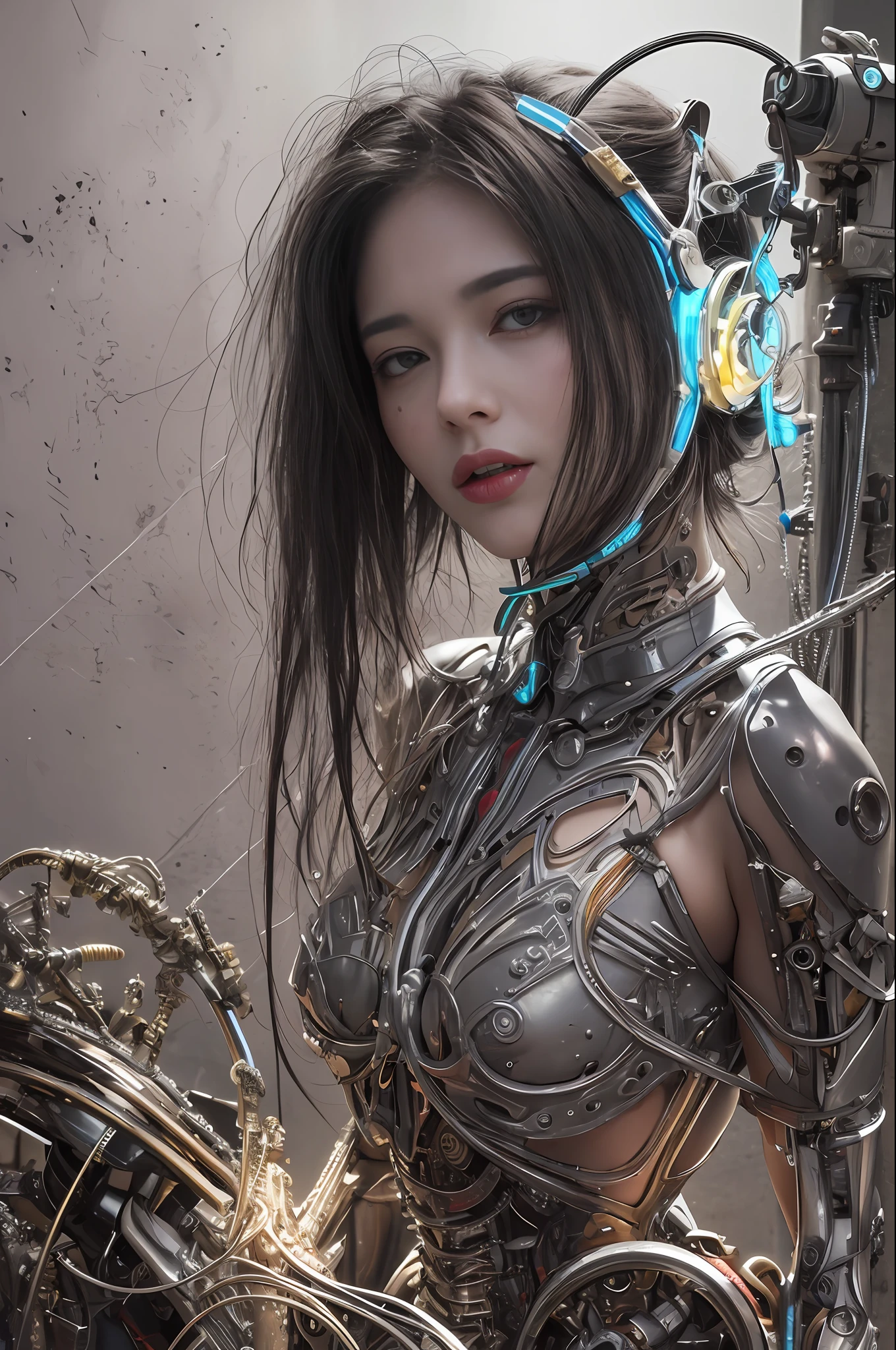 Top Quality, Masterpiece, Ultra High Resolution, ((Photorealistic: 1.4), Raw Photo, 1 Girl, Black Hair, Glossy Skin, 1 Mechanical Girl, (Ultra Realistic Details)), Portrait, Global Illumination, Shadows, Octane Rendering, 8K, Ultra Sharp, Big, Cleavage Exposed Skin, Metal, Intricate Ornament Details, Egyptian Details, Very intricate details, realistic light, CGSoation trend, facing the camera, neon details, mechanical limbs, blood vessels connected to the tube, mechanical vertebrae attached to the back, mechanical cervical attachment to the neck, sitting, wires and cables connecting to the head, evangelion, small LED lamp,