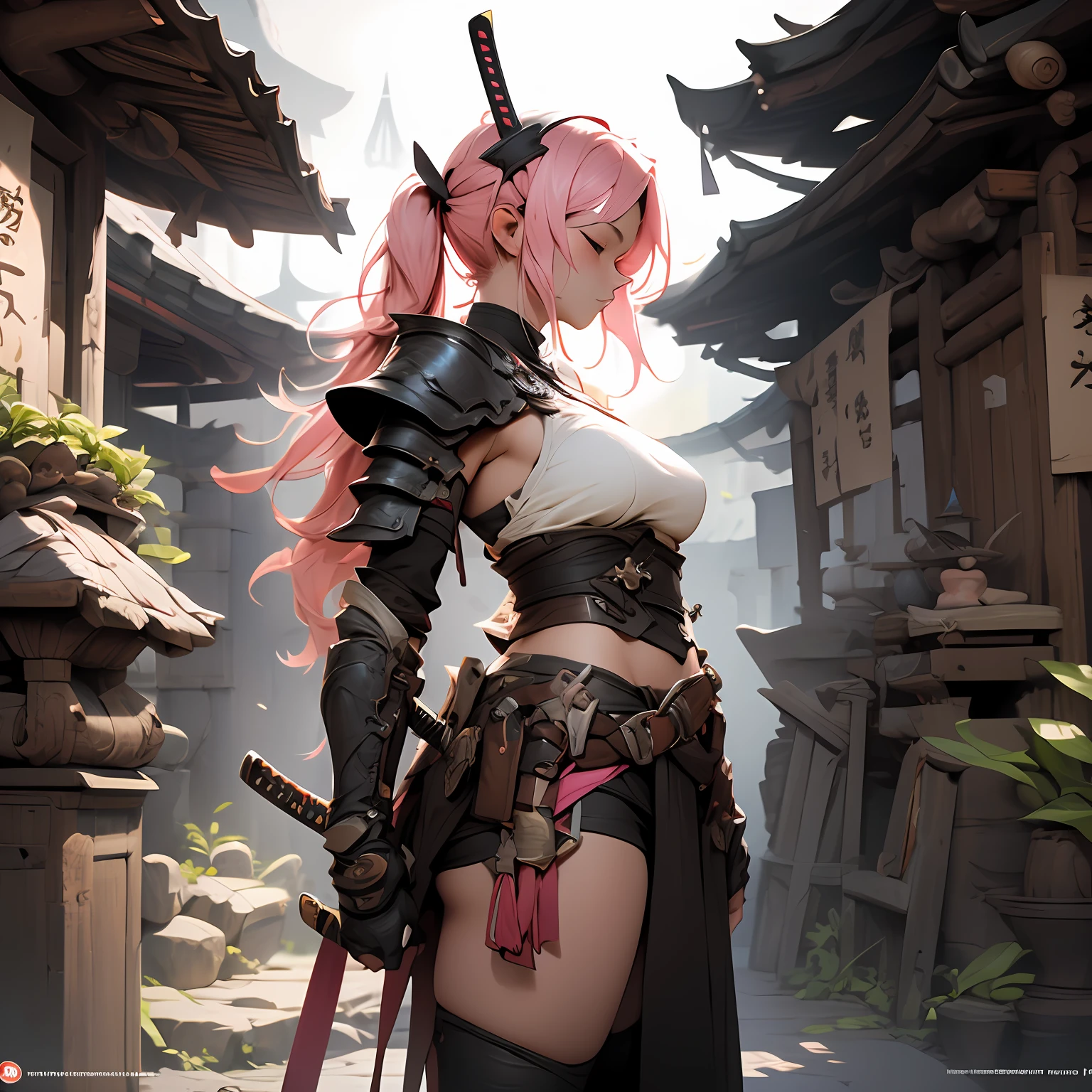 best quality,masterpiece,ultra high res,(depth of field) , professional lighting, physically-based rendering,perfect anatomy, hyper extreme detailed cg unity 8k wallpaper,BREAK
samurai,(japanes aromr),collarbones,(blue eyes),half-closed_eyes ,twintails,(absurdly long hair),(messy floating pink hair),large_breasts,head shot, side view,facial profile
