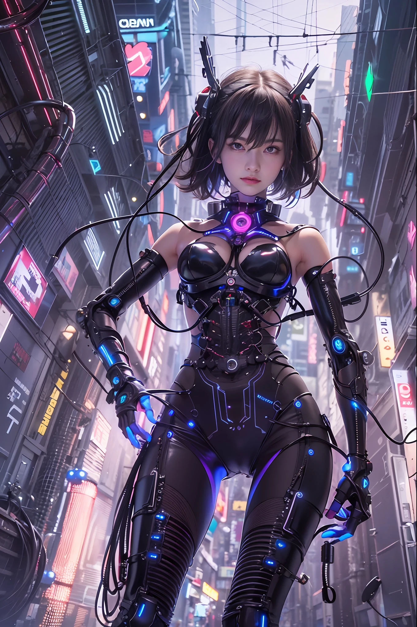 Top Quality, Masterpiece, Ultra High Resolution, ((Photorealistic: 1.4), Raw Photo, 1 Girl, Black Hair, Glossy Skin, 1 Mechanical Girl, (Ultra Realistic Details)), Global Illumination, Shadows, Octane Rendering, 8K, Ultra Sharp, Big, Cleavage Exposed, Metal, Intricate Ornament Details, Egyptian Details, Very intricate details, realistic light, CGSoation trend, purple eyes, glowing eyes, facing the camera, neon details, mechanical limbs, blood vessels connected to the tube, mechanical vertebrae attached to the back, mechanical cervical attachment to the neck, wires and cables connecting to the head, evangelion, small glowing LED lamps, (dazzling Cyberpunk cityscape in background,)