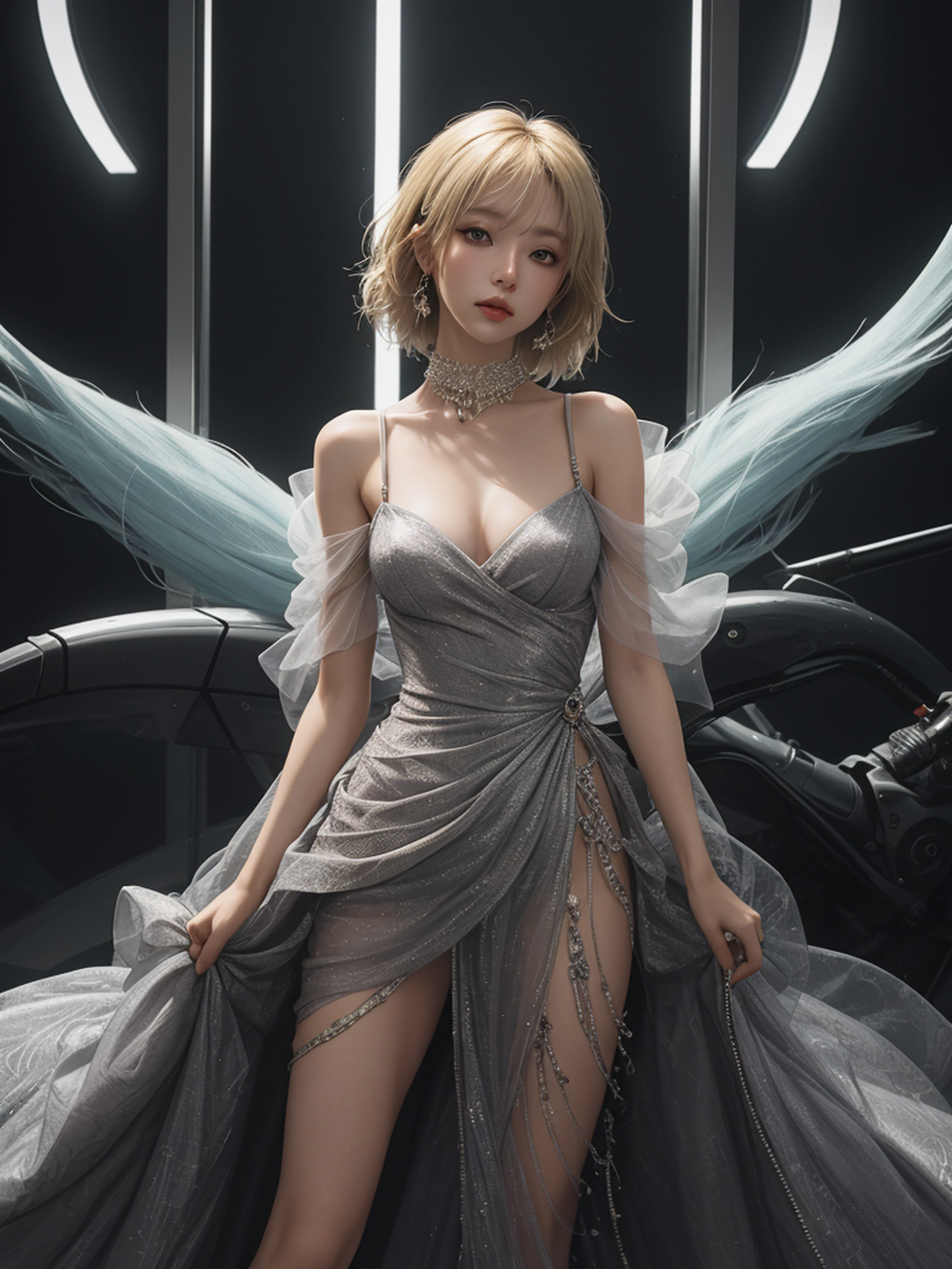 a woman with blonde short hair,wearing a futuristic elegant dress in glossy silver