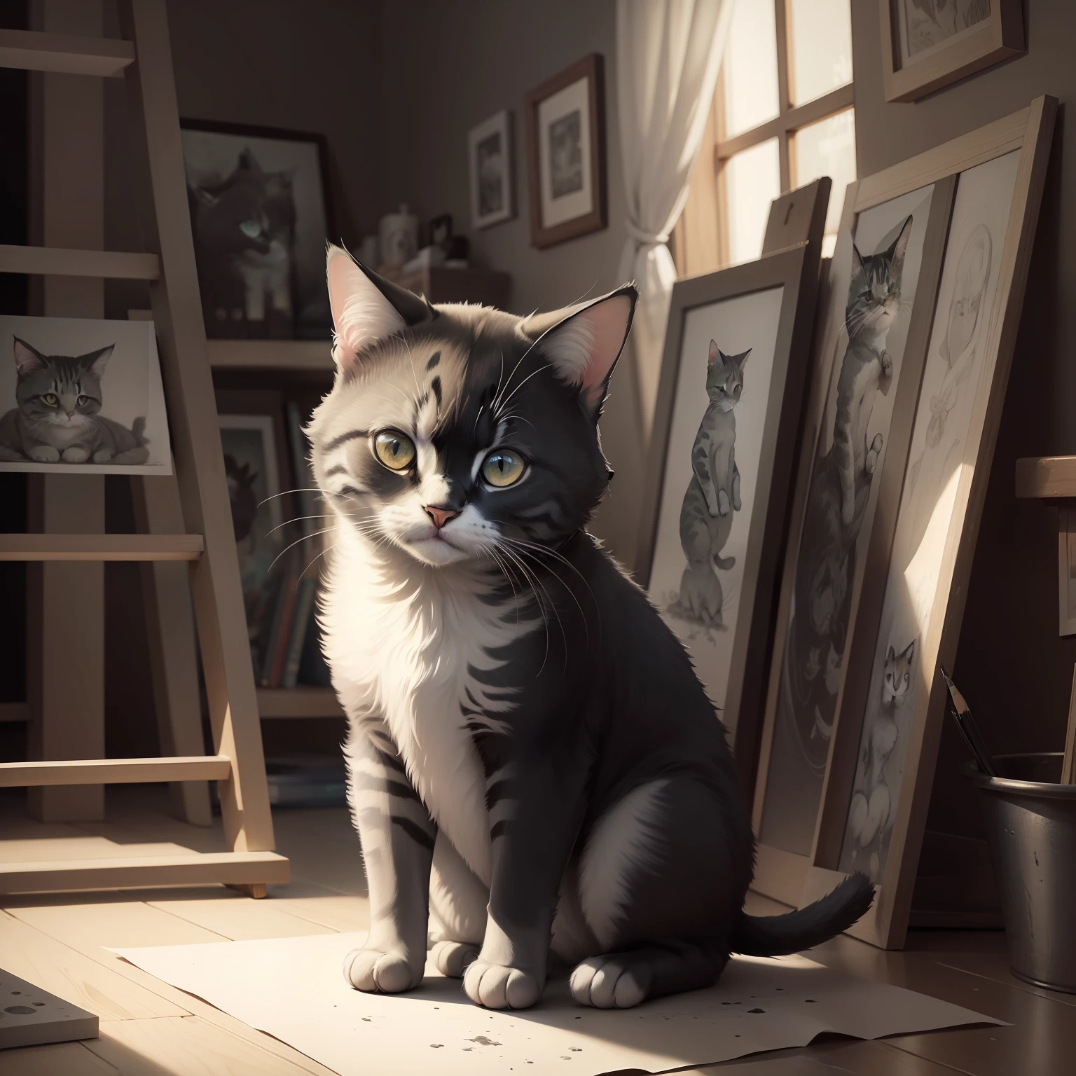 a little cat, art studio, Van Gogh paintings, high resolution, 4k, fantasy drawing, pencil strokes, black and white
