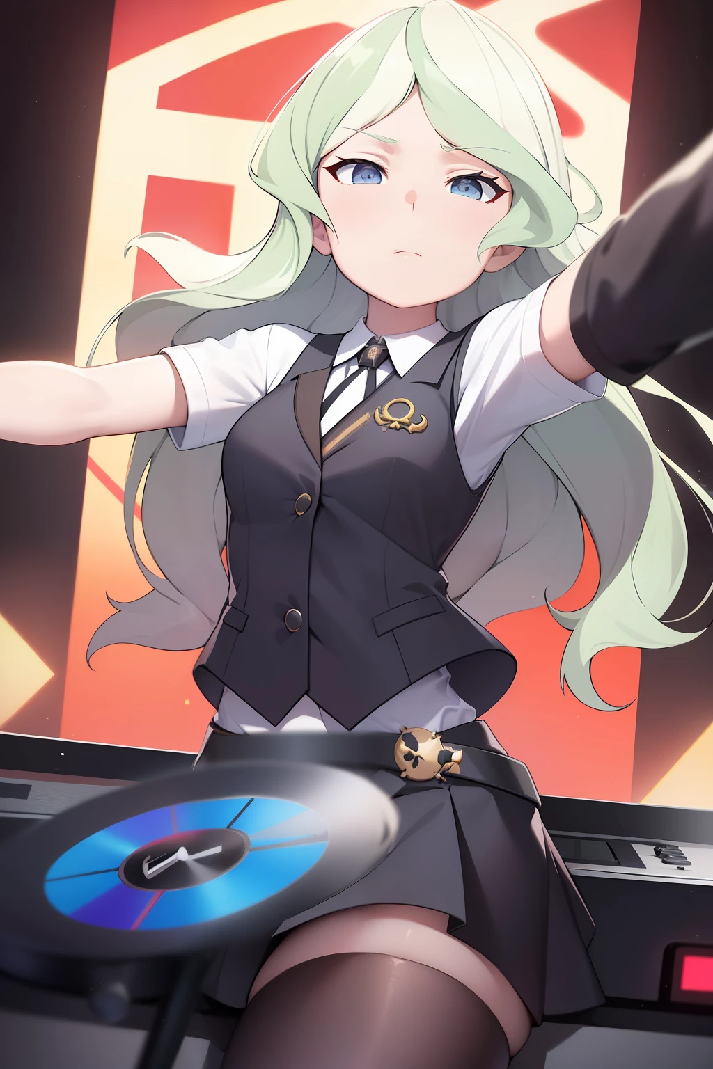 A solo shot featuring DianaCavendish, long hair, DianaCavendishBase, black thighhighs, blush, collared shirt, vest, luna nova school uniform, skirt a DJ, showcasing her skills on the turntables at a vibrant rave.