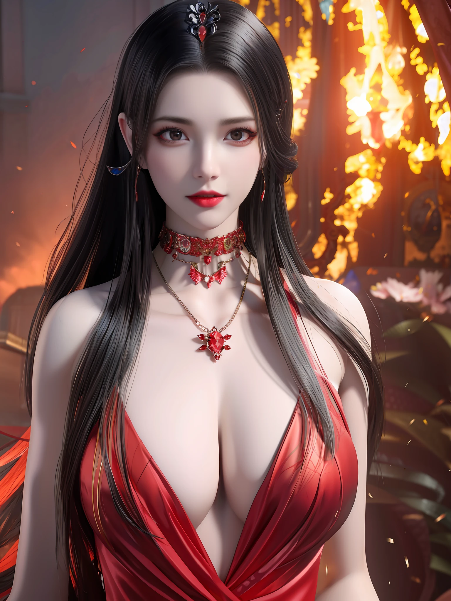 A woman in a red dress，Wearing chokes and necklaces, Beautiful and elegant Queen Medusa, beautiful vampire queen, a beautiful succubus, Beautiful Queen Medusa, （Break through the colorful scales in the sky）, 8K high quality detailed art, IG model | Art germ, succubus in tight kilt, Epic fantasy art style HD, beautiful and seductive anime woman，Works of masters，Best image quality，Higher quality，high detal，超高分辨率，8K分辨率