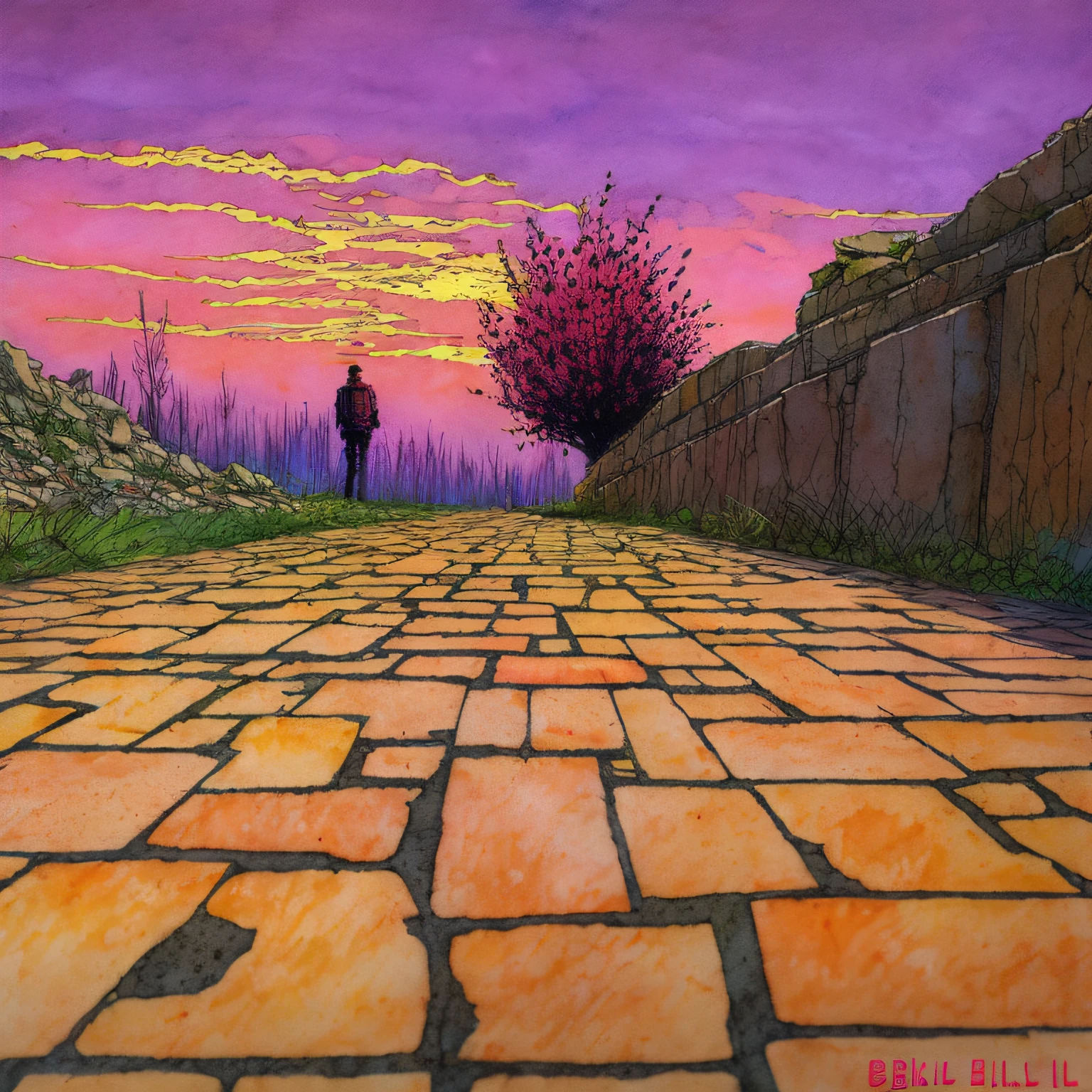 (A plant growing in a stone floor), science fiction, complex scene futuristic, post-apocalyptic
pink-scene, pink-sky
( ink sketch by Enki Bilal)((masterpiece, best quality, )),