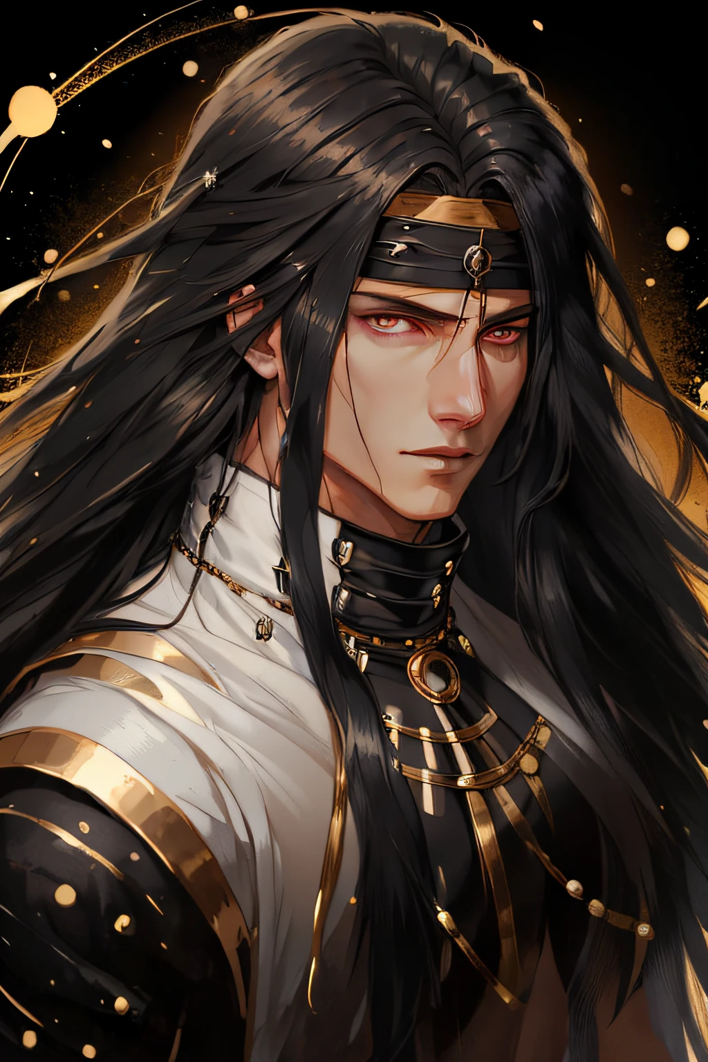 "Best quality, masterpiece, 1 boy with long white hair, white eyes, wearing a black beaded necklace, smug face, shirtless showing his muscles, adorned with a gold gauntlet, set against a portrait-style composition with an abstract background."