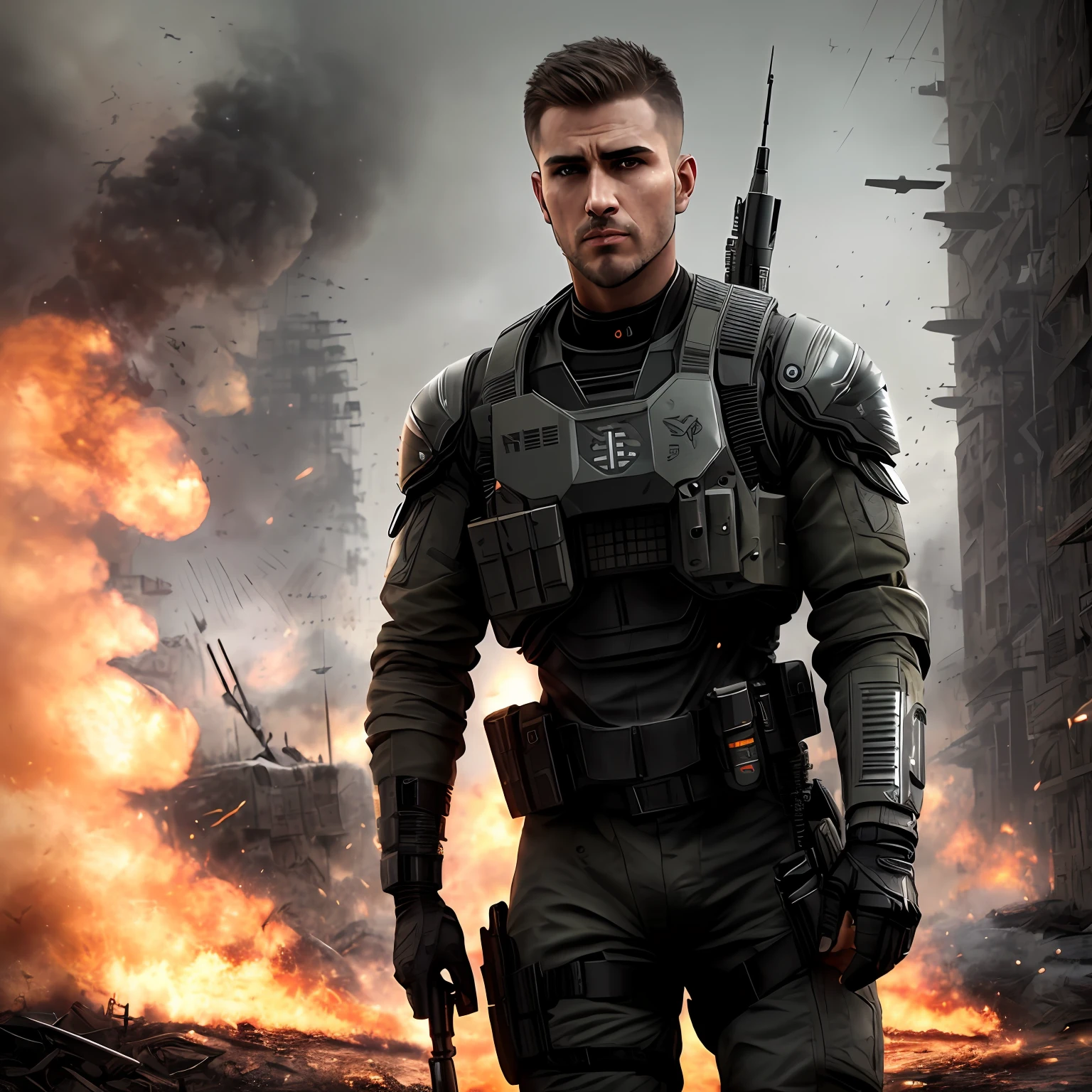 a full body shot, ((candid shot)), special ops, soldier, ((short hair)), call of duty, high end tech, ((detailed face)), (((man, strong features, determined look, dystopia, scruff, masculine))), (((sharp jawline))), ((facial hair)), HDR, hyper realistic, wrinkles, fit body, insanely detailed, complex background, fire, dirty