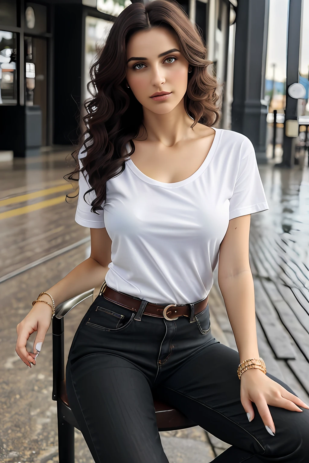 ((Best Quality, 8k, Masterpiece:1.3)), Focus: 1.2, Perfect Body Beauty: 1.4, Arabian 25 years old woman: 1.2, ((Short black curly Hair)), (White plain round neck Baggy basic tee-shirt:1.1), no print on Teeshirt, basic full body length tee-shirt, Dark blue rip skinny jeans, long jeans: 1.1, Highly detailed face and skin texture, Detailed eyes, Double eyelids, toned body, Whitened skin, serious mood, large toned breasts, toned firm legs, high heel's, whitened skin, detailed black eyes, detailed face, middle eastern woman, baggy medium size basic tee-shirt, simple plain Baggy Tee-shirt, toned firm hips, 8K UHD, black anklet, model looks, apocalypse city, rainy weather, dark clouds, silver wrist watch, bracelet, bangle's, open legs style Posing, old gas station, sitting on a old wooden chair, high heels, detailed beautiful feets, detailed feets fingers and shape, dusty sunny weather, highway