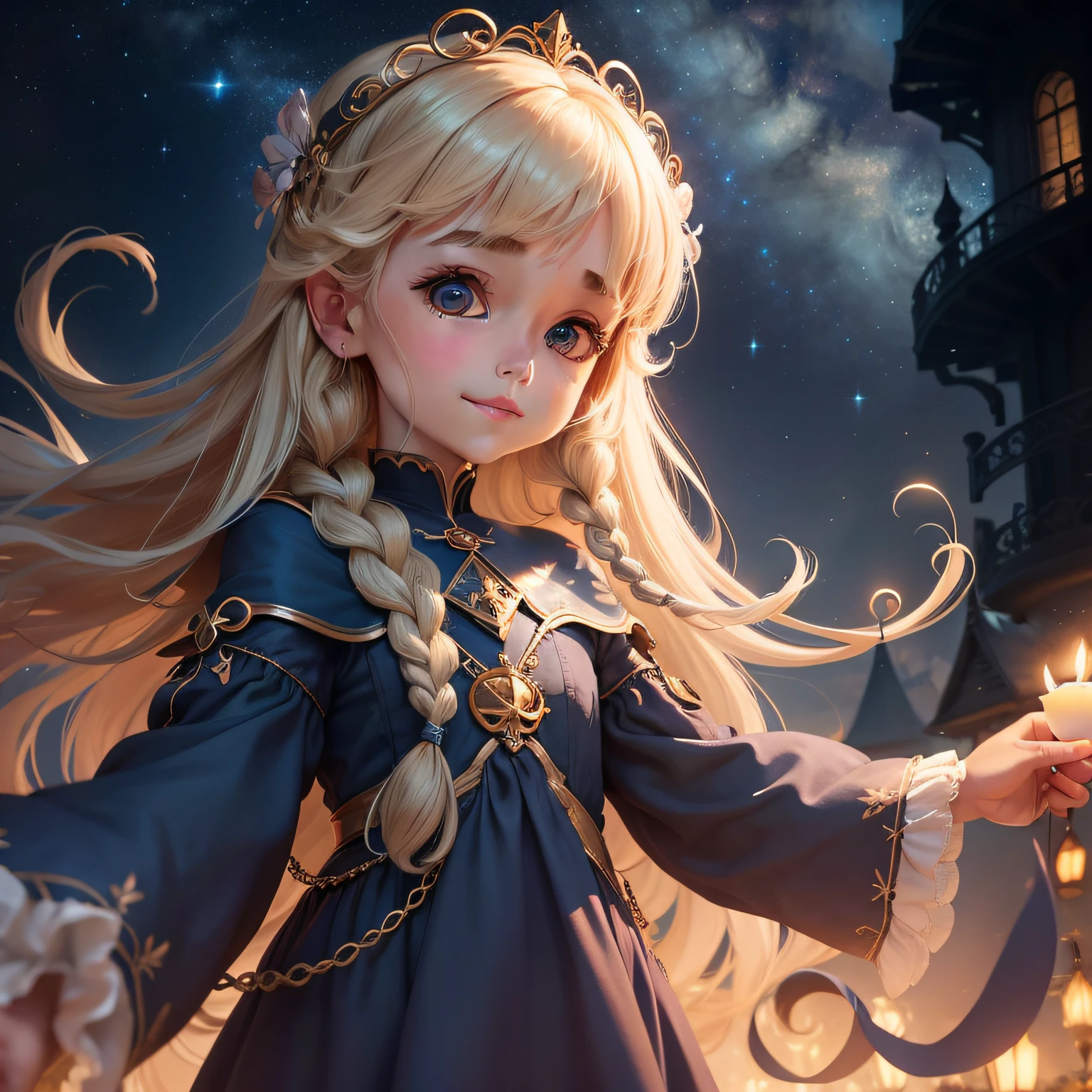 Introducing Luna, the Star Enchantress:
Step into a world of dreams with Luna, a whimsical little girl with blonde hair braided like the shimmering stars in the sky. Her caring and kind nature endears her to everyone she meets, always ready to lend a helping hand and spread joy with her infectious smile. Luna's fascination with the night sky knows no bounds, as she gazes up at the heavens and discovers enchanting shapes among the clouds with her special talent. Join Luna as she embarks on a magical journey, where wonders await, and the beauty of the universe comes alive through her eyes. Will you accompany Luna on this heartwarming adventure under the starry night?