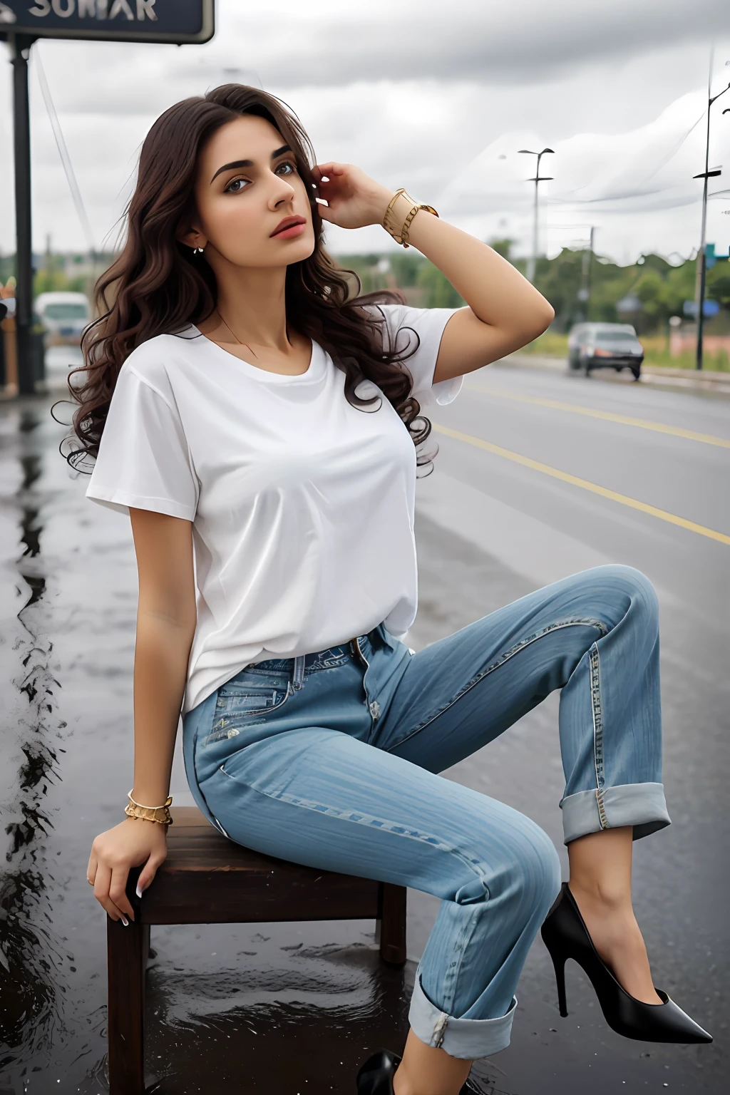 ((Best Quality, 8k, Masterpiece:1.3)), Focus: 1.2, Perfect Body Beauty: 1.4, Arabian 25 years old woman: 1.2, ((Short black curly Hair)), (White plain round neck Baggy basic tee-shirt:1.1), no print on Teeshirt, basic full body length tee-shirt, Dark blue rip skinny jeans, long jeans: 1.1, Highly detailed face and skin texture, Detailed eyes, Double eyelids, toned body, Whitened skin, serious mood, large toned breasts, toned firm legs, high heel's, whitened skin, detailed black eyes, detailed face, middle eastern woman, baggy medium size basic tee-shirt, simple plain Baggy Tee-shirt, toned firm hips, 8K UHD, black anklet, model looks, apocalypse city, rainy weather, dark clouds, silver wrist watch, bracelet, bangle's, open legs style Posing, old gas station, sitting on a old wooden chair, high heels, detailed beautiful feets, detailed feets fingers and shape, dusty sunny weather, highway