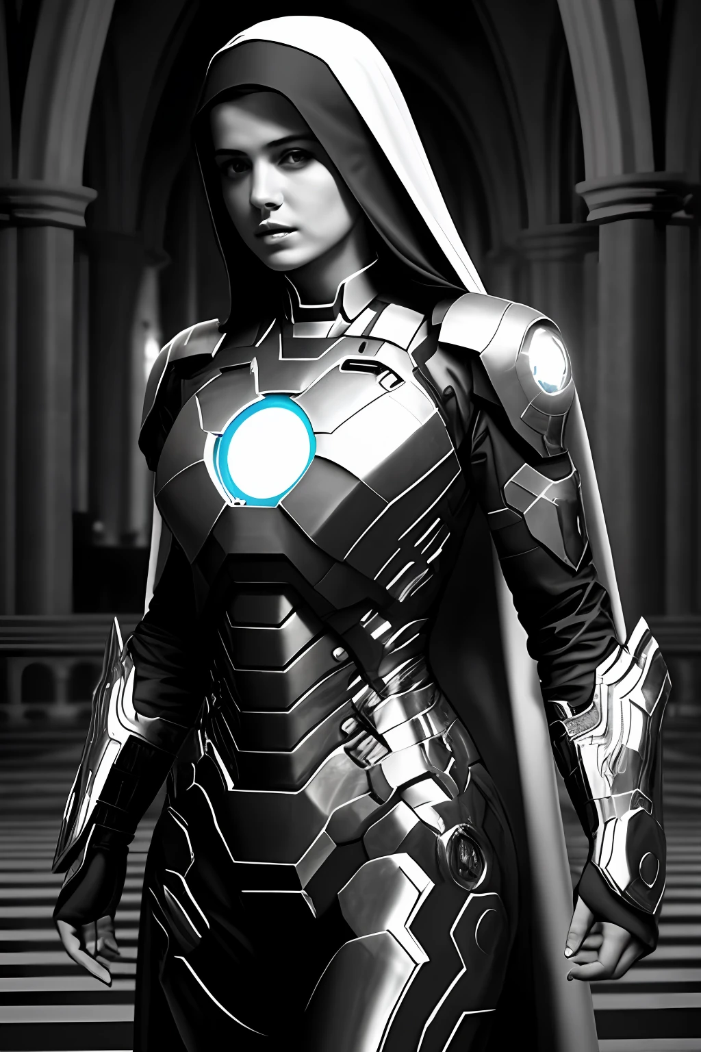 A nun wearing iron man armor, a cross of light on her chest, full body, seen from afar, female, bust in armor, black and white color armor, nun clothing, cross on her body, divine white energy, perfect hands , beautiful hands, detailed hands, 4 fingers and a thumb, church background, backlight, delayed, 8k, high quality, very detailed