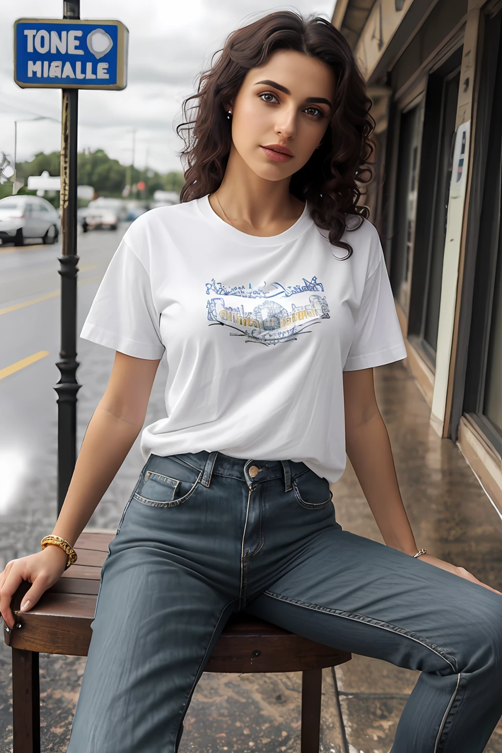 ((Best Quality, 8k, Masterpiece:1.3)), Focus: 1.2, Perfect Body Beauty: 1.4, Arabian 25 years old woman: 1.2, ((Short black curly Hair)), (White plain round neck Baggy basic tee-shirt:1.1), no print on Teeshirt, basic full body length tee-shirt, Dark blue rip skinny jeans, long jeans: 1.1, Highly detailed face and skin texture, Detailed eyes, Double eyelids, toned body, Whitened skin, serious mood, large toned breasts, toned firm legs, high heel's, whitened skin, detailed black eyes, detailed face, middle eastern woman, baggy medium size basic tee-shirt, simple plain Baggy Tee-shirt, toned firm hips, 8K UHD, black anklet, model looks, apocalypse city, rainy weather, dark clouds, silver wrist watch, bracelet, bangle's, open legs style Posing, old gas station, sitting on a old wooden chair, high heels, detailed beautiful feets, detailed feets fingers and shape, dusty sunny weather, highway