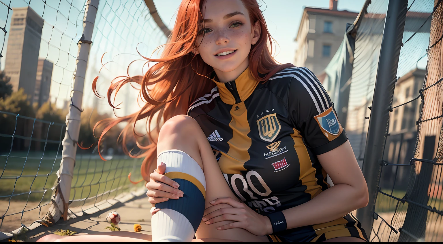 Hard breast, redhead, red hair, freckles, long straight hair, smiling, European youth, (a girl playing soccer, soccer uniform), detailed face, detailed eyes, leg focus, fashion photorealism, photography, sharpness, unique 850 4, rich color, hyperrealistic texture, spectacular light texture, surreal art, Cinestil 800 fashion mechanism