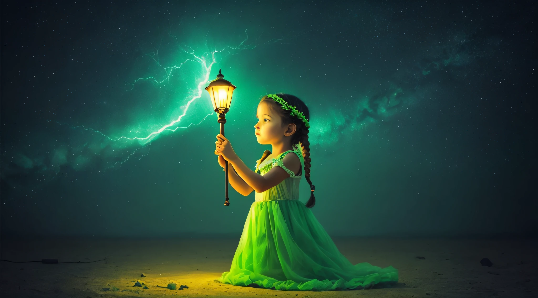 meNINAS KIDS RUIVAS BRAIDS holding a lamp in her hand, verde brilhante, brilho verde, green lighting, brilho verde, photo manipulation, Magia Verde, he is casting a lighting spell, luz verde, energia verde, neon verde, Aura verde, girl with magical powers, amazing color photograph, Luz ambiente verde, brilho radioativo verde, photo - manipulation, amazing photo