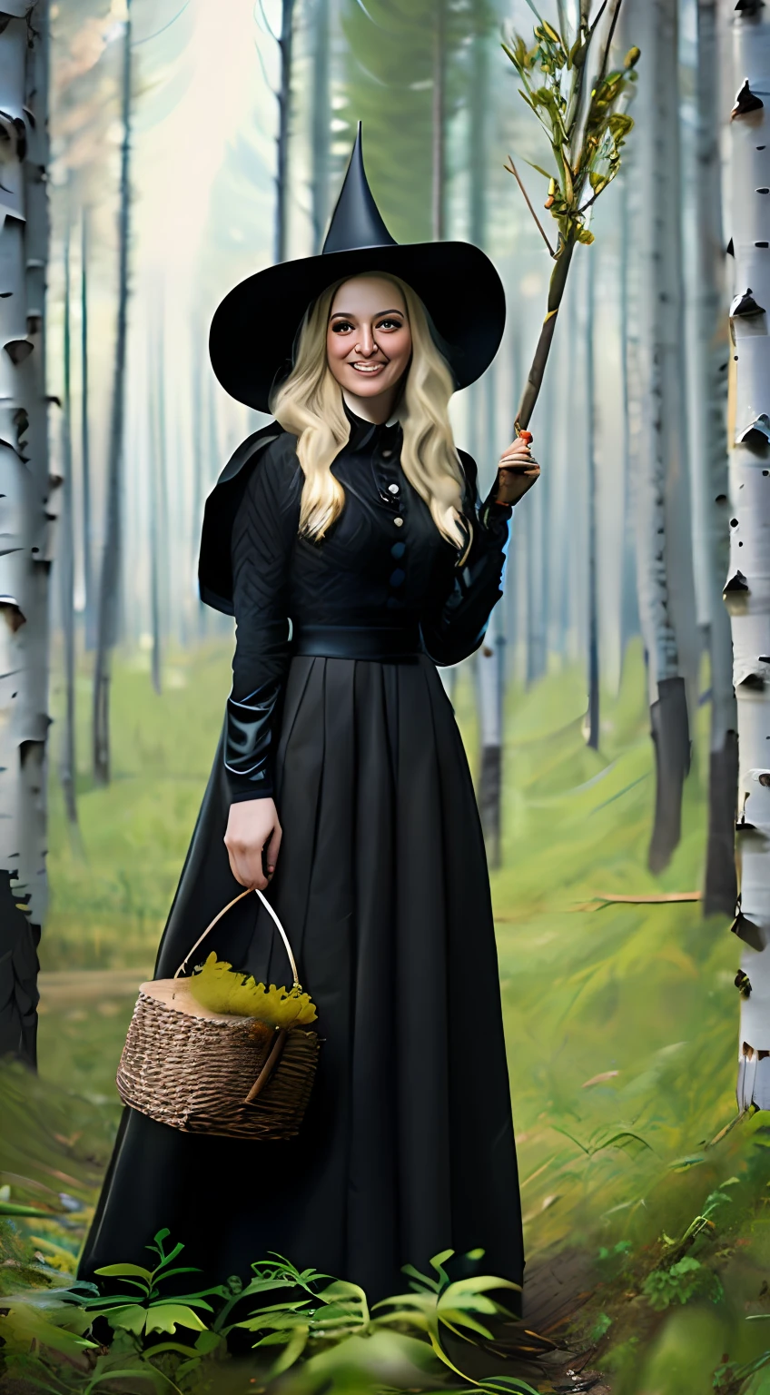 super high res, melhor qualidade, fotografia, 16k, (fotografiarrealista: 1.2) Uma linda bruxa de cabelos ruivos, olhos azuis, segurando uma vassoura de bruxa, in a forest with birches, she's super happy