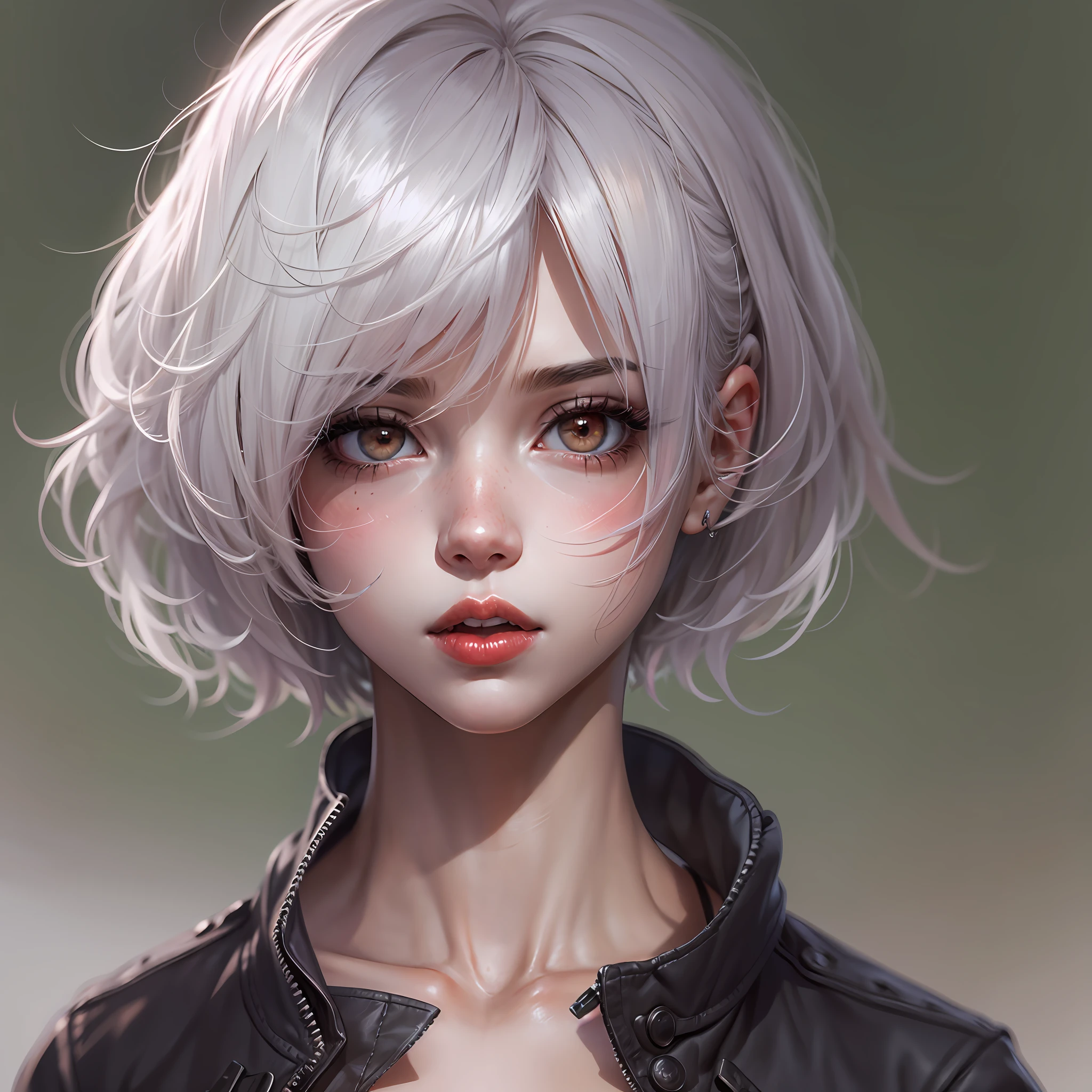 YoRHa No. 2 Tipo B, realista, 1girl, WLOP, (vendar), seios, clivagem, recorte de clivagem, recorte de roupas, cabelo entre os olhos, faixa de cabelo, Altas, Mangas Julieta, mangas compridas, negar (Series), deny automata, mangas inchadas, red lips, rosto sombreado, short hair, sozinho, turtleneck, corpo inteiro, cabelos brancos, heaven