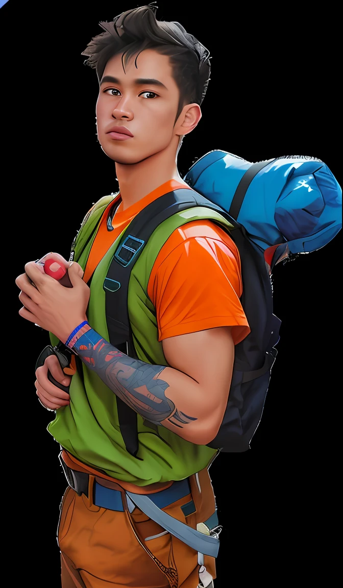 a close up of a man with a backpack and a backpack, a man wearing a backpack, with a backpack, carrying survival gear, wearing adventuring gear, profile picture 1024px, album art, backpack, wearing adventure gear, a backpack, model is wearing techtical vest, official artwork, as a fortnite character, by Shen Che-Tsai, fanart