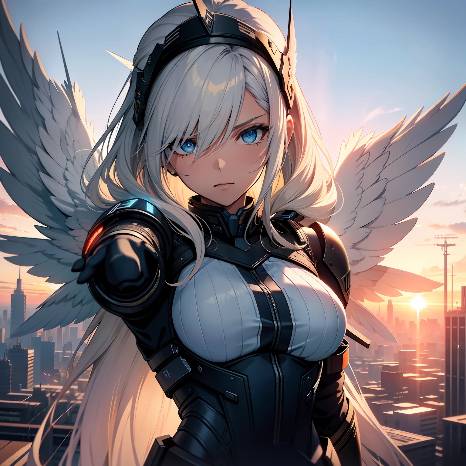 valkyrie, cabelos brancos, lenneth, valkyrie profile, olhos azuis, uniforme policial branco, cyberpunk, Capacete With wings, com duas asas brancas, reaching out to the visualisadorr, in a sky, Sunset, 4k, boa anatomia