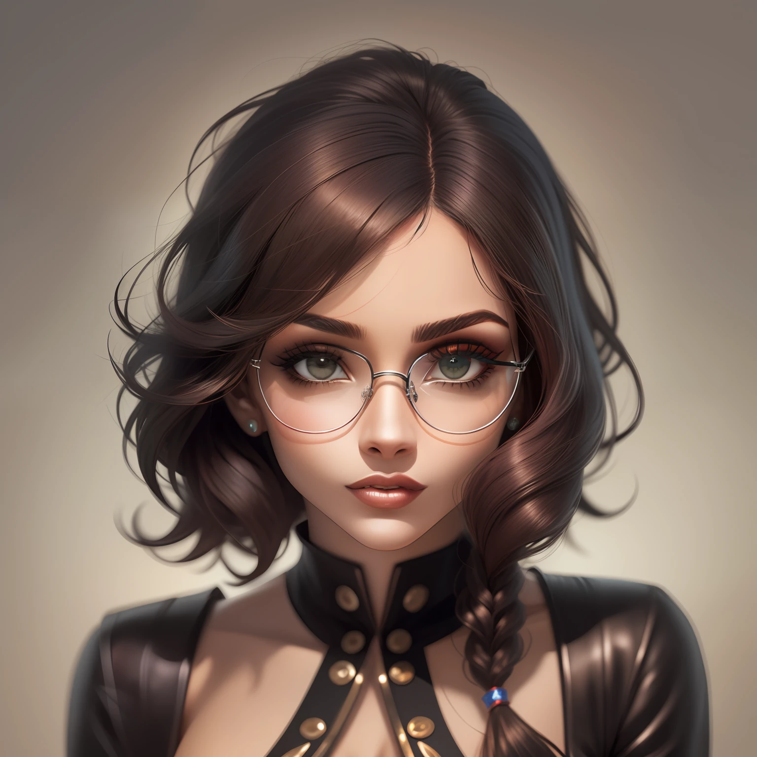 Mulher de pele branca, bonita e com cabelo curto, oculos preto redondo