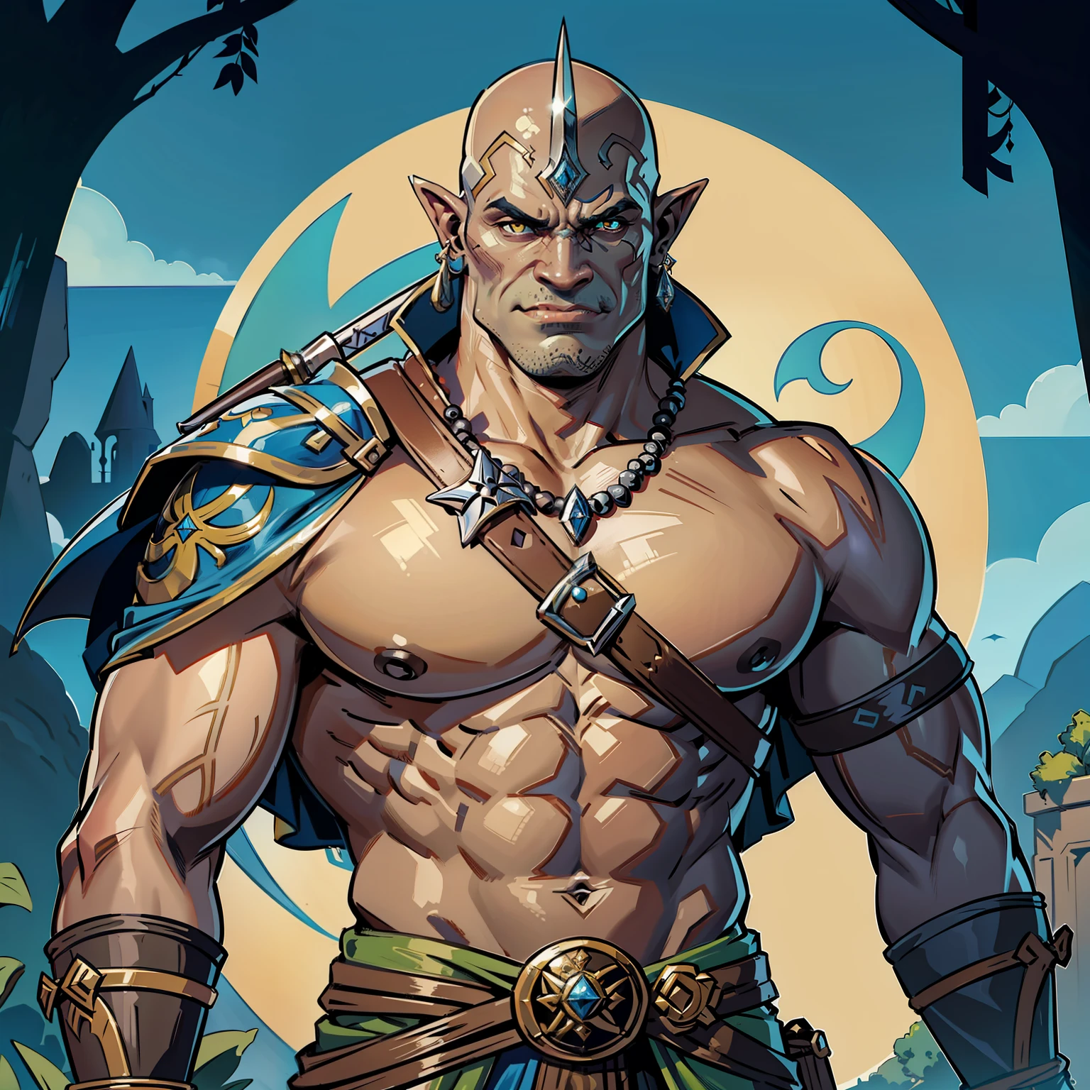 Rpg, um meio orc careca, muito bonito, pele avermelhada, sardas no rosto, pequenos chifres na testa, elegante, swashbuckler, aventureiro, atletic, espada, capa ornamentada, armadura elegante e bem acabada