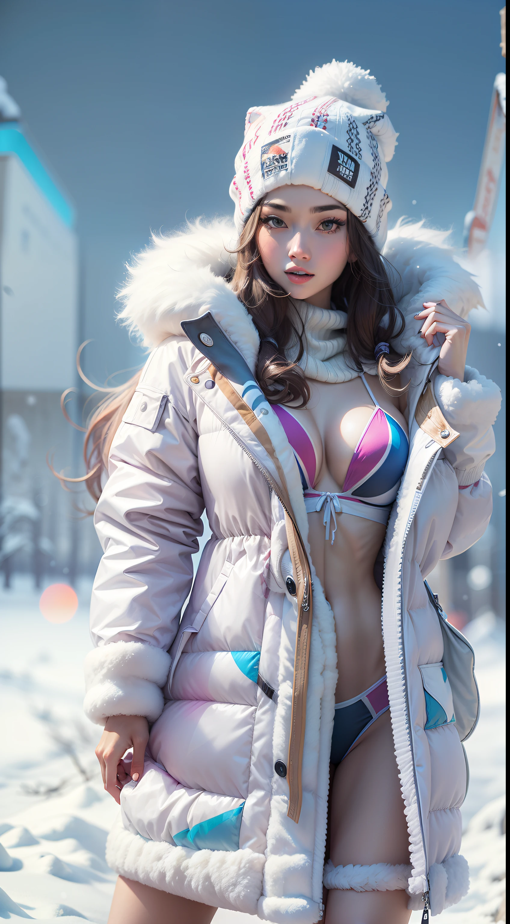 Hot Sexy girl wear Snowcoat Bikini with Cool Aura, Full Body