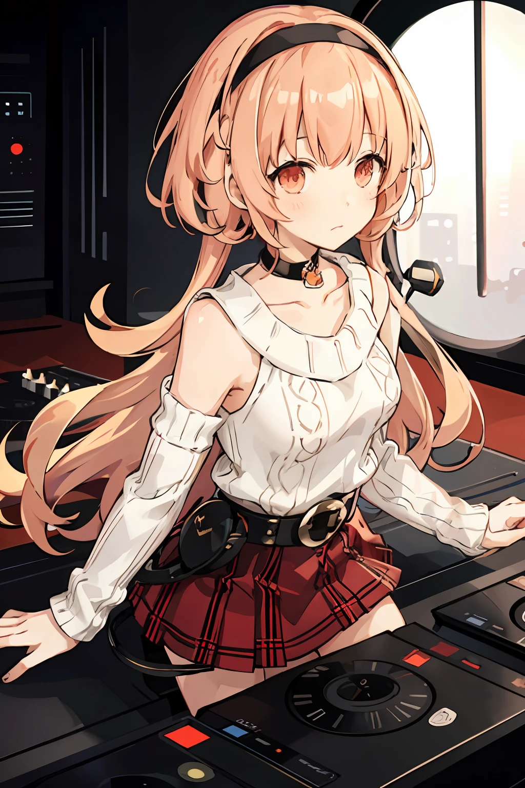A solo shot featuring compa, hairband, choker white sweater, aran sweater, cable knit, detached sleeves, plaid skirt, pleated skirt, red skirt, belt, black thighhighs, white footwear, boots a DJ, showcasing her skills on the turntables at a vibrant rave.