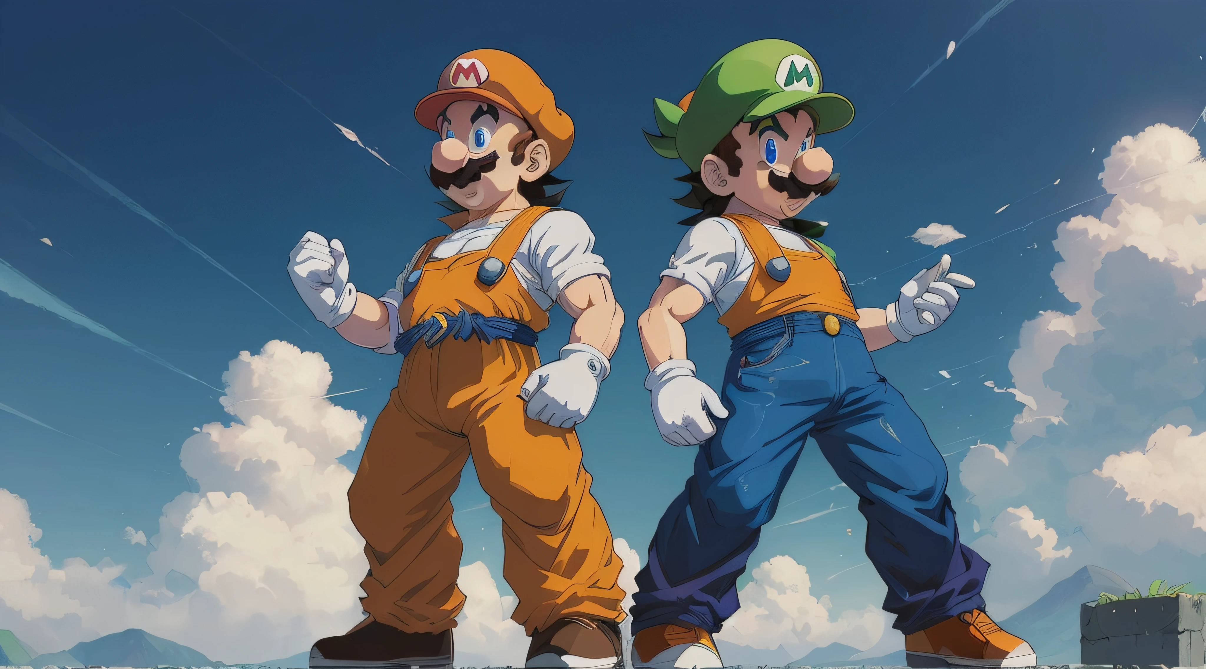 ((estilo dragon ball z)), Two cartoon characters dressed as Mario and Luigi standing on a ledge, Mario e Luigi, Mario Bros, arte do jogo nintendo, Mario, Super Mario Bros, inspirado em Luigi Kasimir, inspirado em Mario Dubsky, fanart de videogame, Super Mario Retrato, fanart de alta qualidade, louis, Arte Oficial, inspirado em Mario Comensoli, fan artwork of mario