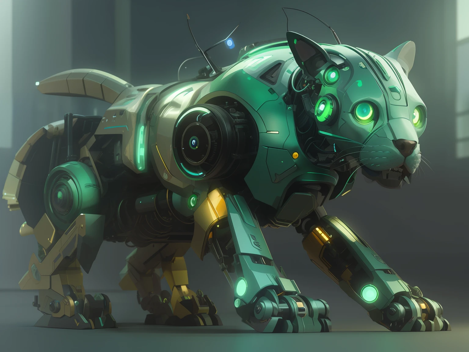A close-up of a dog with a mechanical body and a green eye, mecha animal, Cyber Steampunk 8K 3D, Un gato cyborg, Tendencias de renderizado 3D en ArtStation, animal robot, Wojtek FUS, Gato cyborg, Concepto de arte mecanizado