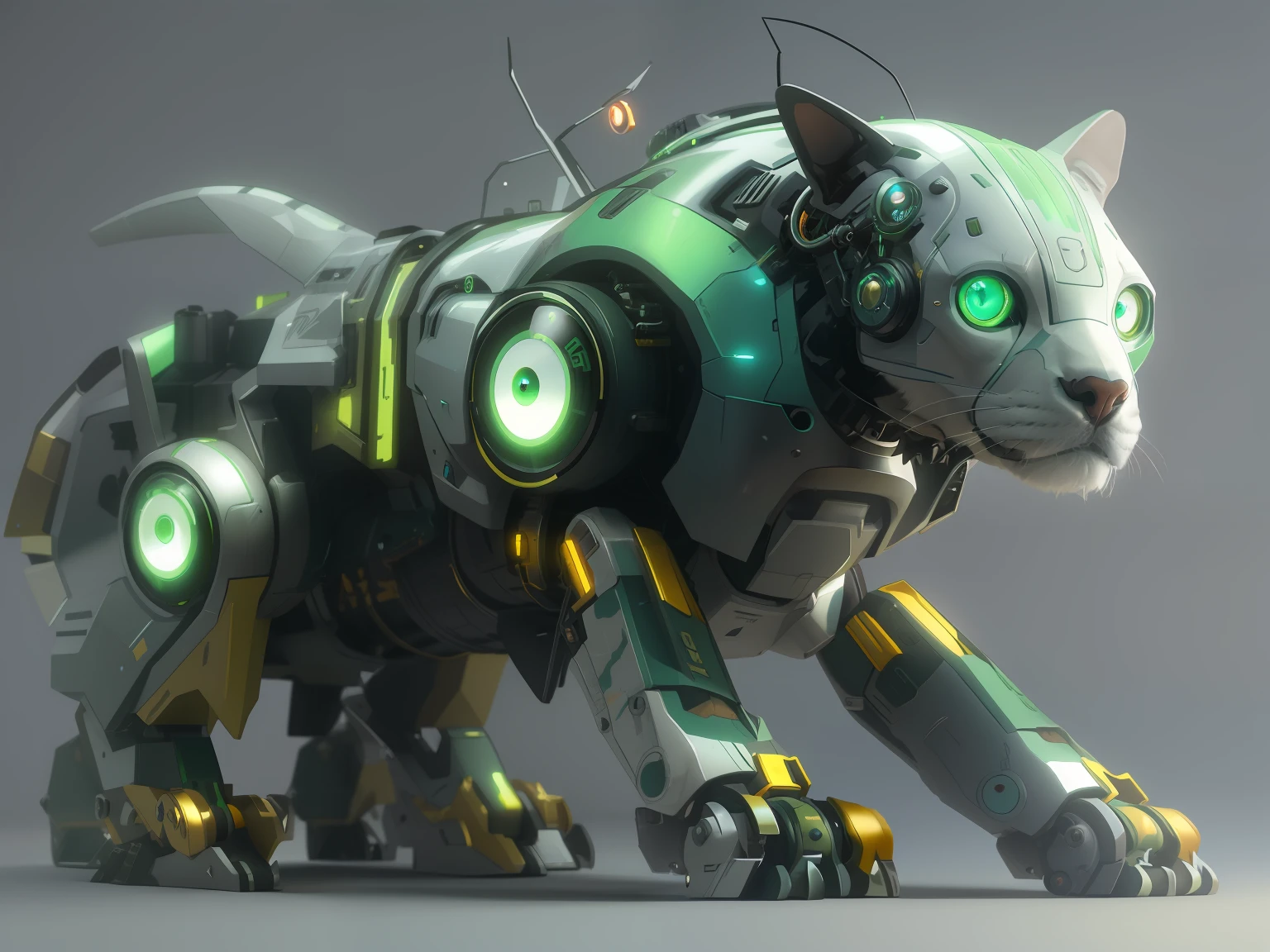 A close-up of a dog with a mechanical body and a green eye, mecha animal, Cyber Steampunk 8K 3D, Un gato cyborg, Tendencias de renderizado 3D en ArtStation, animal robot, Wojtek FUS, Gato cyborg, Concepto de arte mecanizado