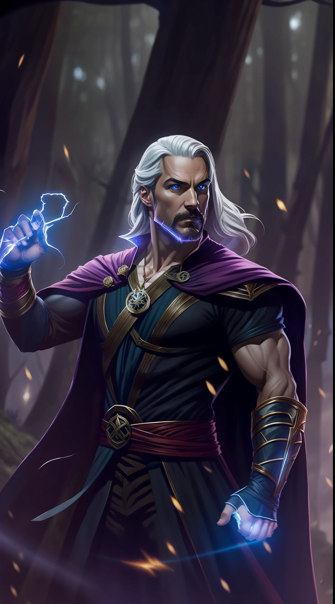 Geralt of Rivia and Doctor Strange Fusion, Muscular Yummy, Full Body, Handsome, clear divine face ,Long White Hair, Glowing Eyes, Magic Sword in Hand, Handsome Masculine Face, Black Costume with Dark Vermeel, Dark Forest Background, Realistic, Hyperdetailed, Ultra HD, 8K